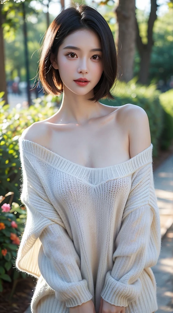 Non-NSFW、Realistic、Highest quality、Highest quality、masterpiece、Ultra-high resolution、RAW Photos、Realistic、Bright lighting、Face Light、Smooth Professional Lighting、Looking into the camera、alone、Adult female、Beautiful woman、Super Beauty、Realistic肌、Moisturized Skin、Realistic eyes and faces、Perfect model body shape、Beautiful Eyes、Big eyes、Inconspicuous tear bags、slim、No bra、Beautiful fingers、Very short hair、Brown Hair、Iris、Looks happy、(Both ears are hidden by hair), (front-open V-neck Long knee-length sweater:1.5), (Long knee-length sweater:1.2),In the city, Small Ass, (Large Breasts:1.1),(Venus&#39; Nipples:1.2), A konigsreuter、Sexy Random Poses,(standing:1.1),(from behind:1.6)