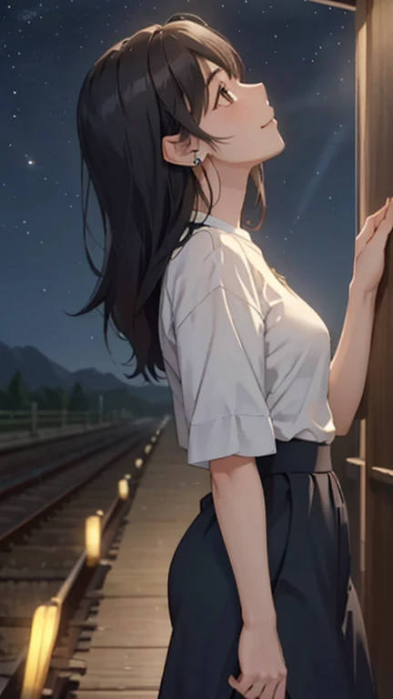 Night Park、high school girl、Mouth open in surprise、Panic look、、Large Breasts、Black bob hair、hairpin、A skirt flipped up by the wind、I quickly grabbed the back of my skirt.、Thin panties、Bystanders near the girl、Angle from directly below、Shoot in the back、Back view、Dildo near the ass