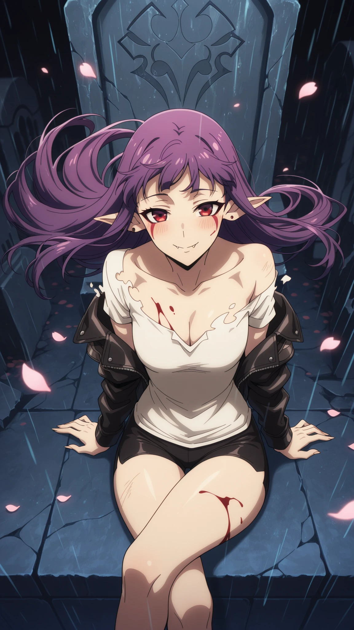 BREAK (masterpiece:1.2), best quality, high resolution, unity 8k wallpaper, (illustration:0.8), (beautiful detailed eyes:1.6),Futuristic cemetery where holographic tombstones flicker under acid rain, augmented mourners in LED-kimonos kneel before AI shrines,Neon cherry blossom petals dissolve into static as they touch the ground, while the ghosts of deleted avatars flicker between mausoleum servers,Esil Radiru, earrings, pointy ears, purple hair, red eyes, fangs, facial mark,black leather jacket,white short t-shirt,naval,cleavage,collarbone, bare shoulder,tight shorts,floating hair,blush, seductive expression,piercing,chocker,looking at viewer,blood on face,blood on body,smile,sitting,cross legs,front photo,