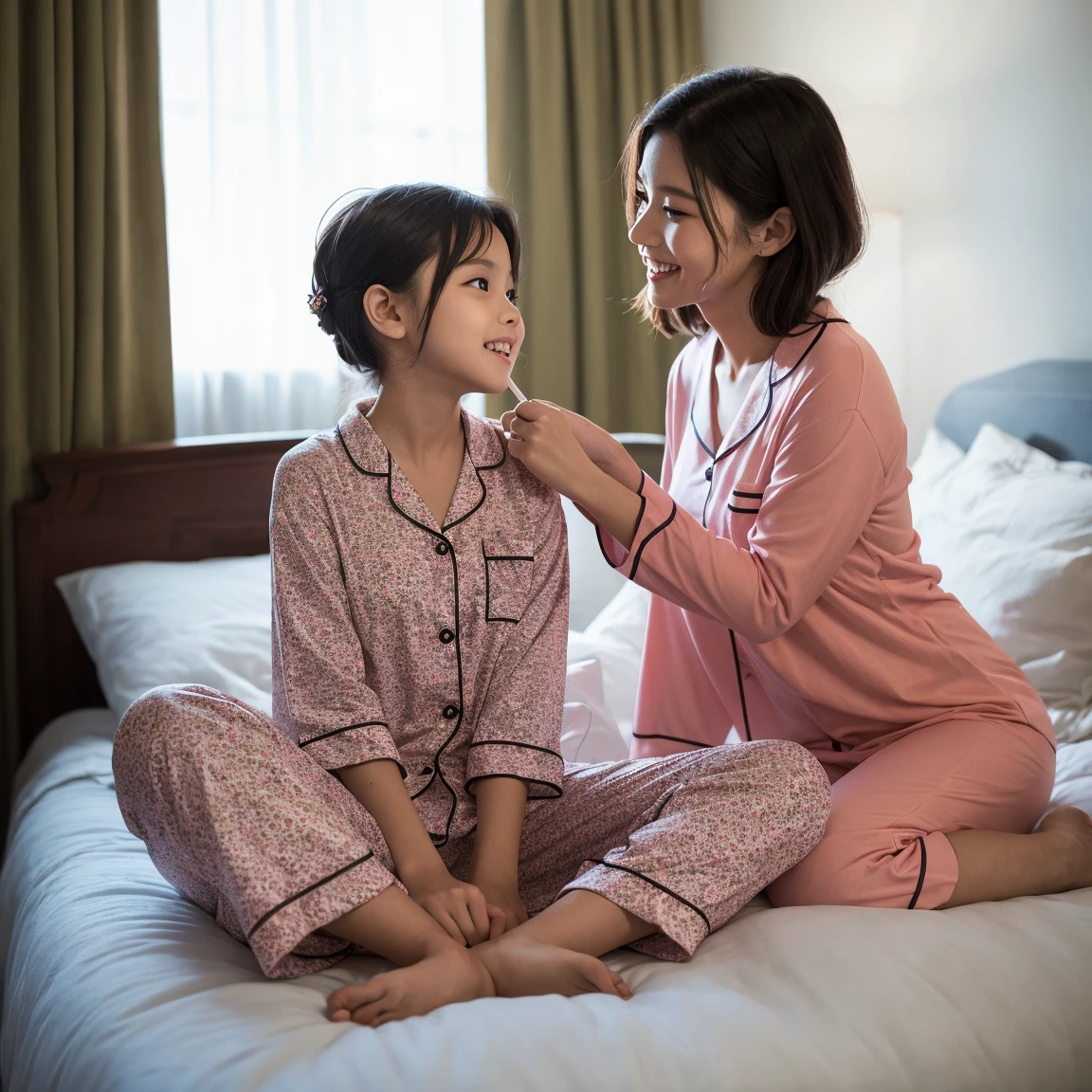 Wearing pink pajamas８father holding his elderly daughter、at bedroom、educate　Please unbutton your daughter.&#39;s Pajamas, put your hand inside and feel her nipples...&#39;touched the chest of　/dad is naked
