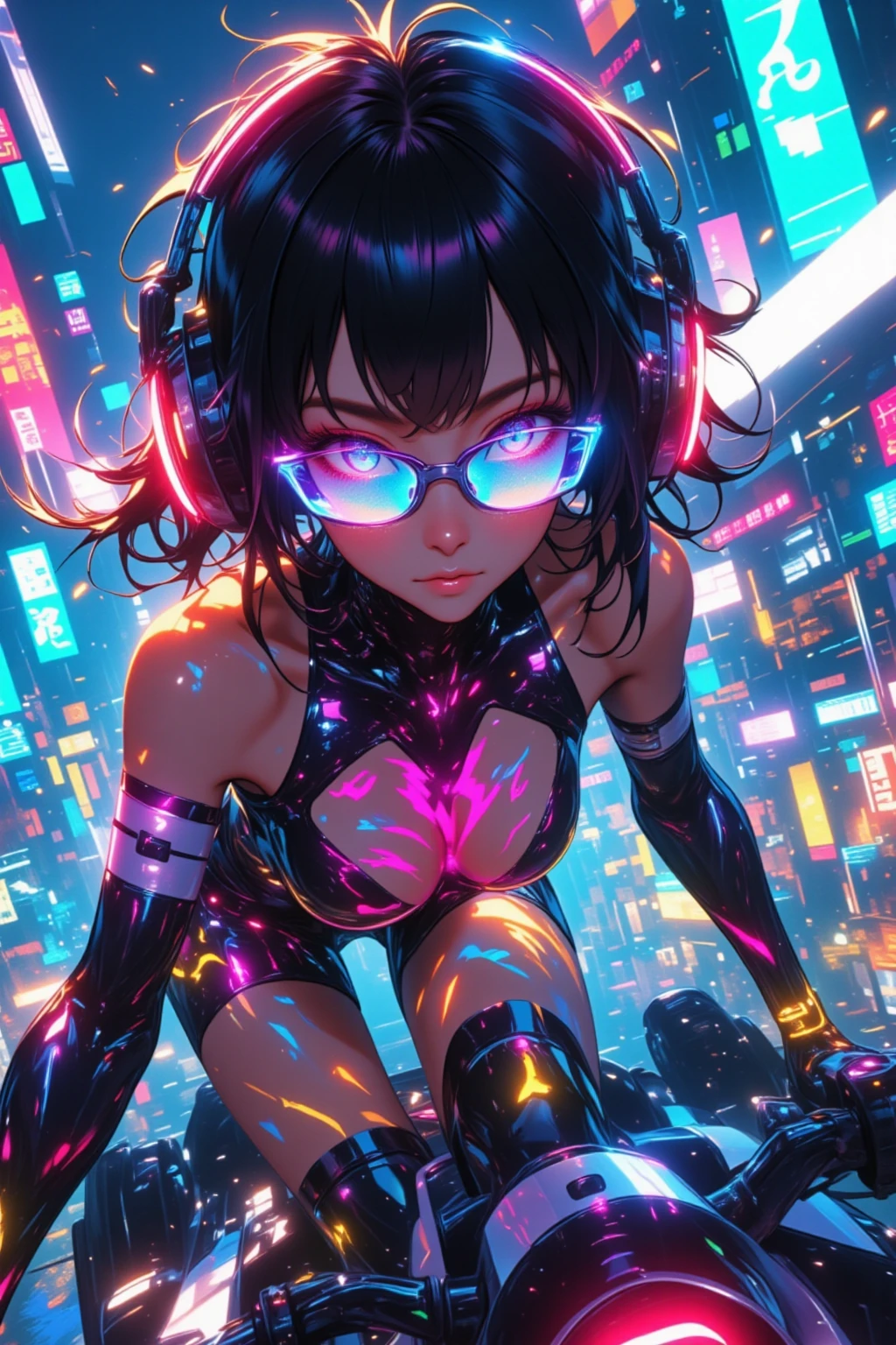 masterpiece, junk art, ultra-detailed illustration, neon night futuristic city in China, short-sleeved cheongsam with open chest, headphones, yellow under-rimmed glasses, girl, short hair, bangs
