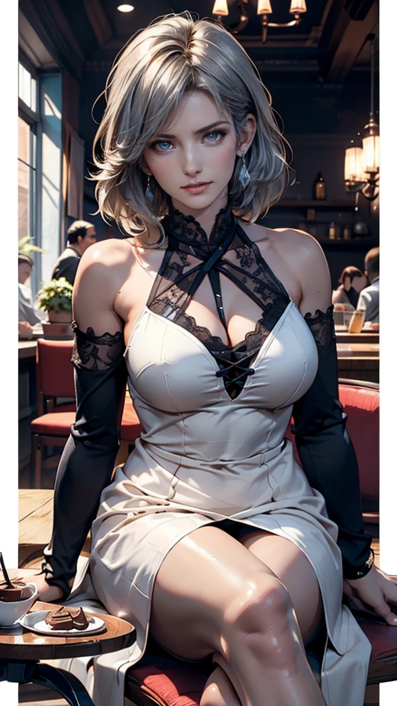 a woman in a sexy outfit is sitting on a table, breasts, blush, short hair, bangs, large breasts, thighhighs, navel, medium breasts, closed mouth, green eyes, blue hair, white hair, thighs, penis, pussy, indoors, spread legs, black footwear, covered nipples, leotard, clothing cutout, window, uncensored, cameltoe, thigh boots, highleg, squatting, curtains, sex toy, anal, object insertion, dildo, shrug (clothing), anal object insertion, heart cutout, pussy peek, dildo riding