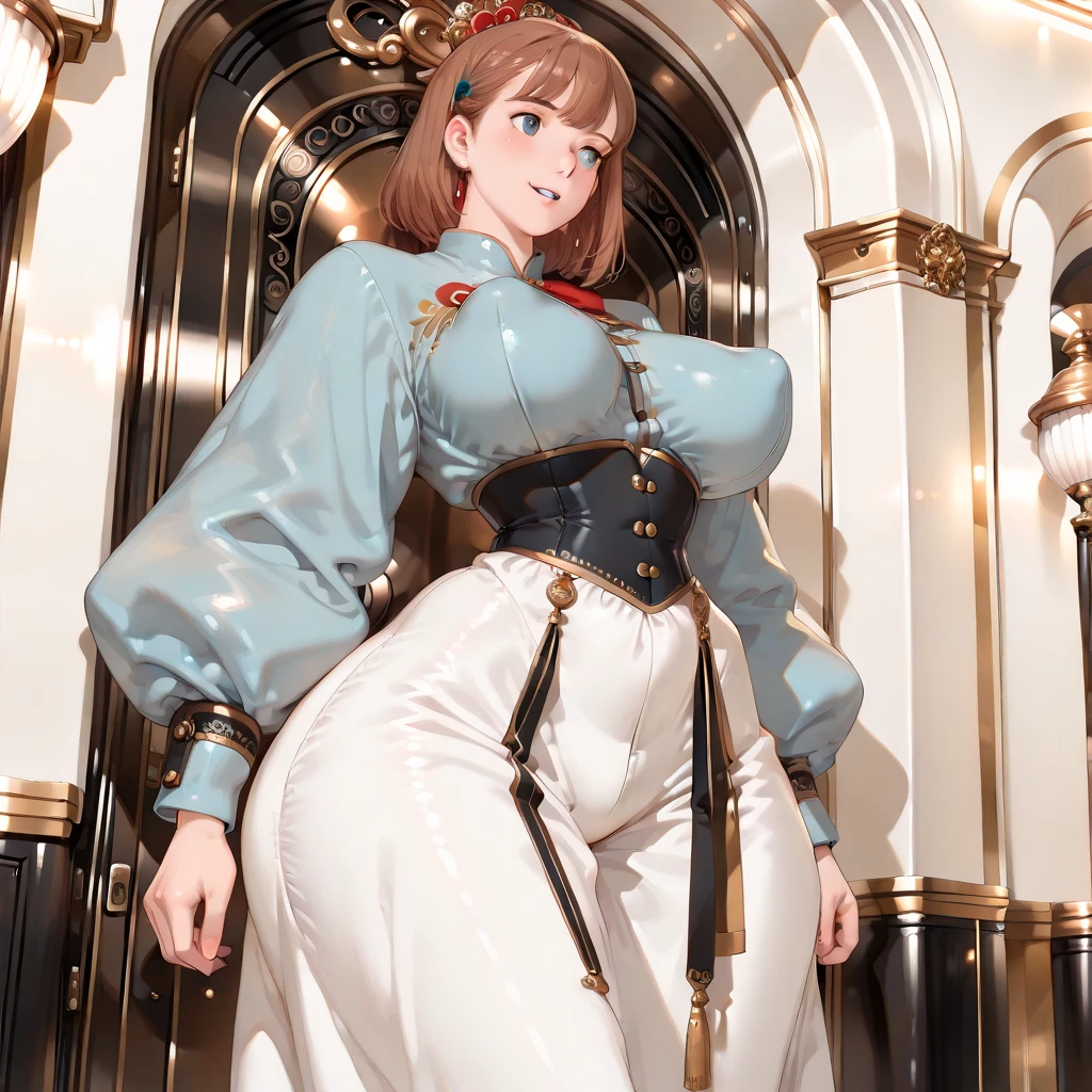 ((Best Picture Quality, 8k, tmasterpiece:1.3)), sharp:1.2, perfect figure beautiful woman:1.4, Slim abs:1.2, ((Layered Hair Style, huge tit:1.2)), (Bandeau dress white:1.1),the city street:1.2,Highly detailed facial and skin texture,A detailed eye,二重まぶた,Brown hair long,The dress is thin,Hands behind you,Squat,Panties slightly exposed,Expose cleavage。boots