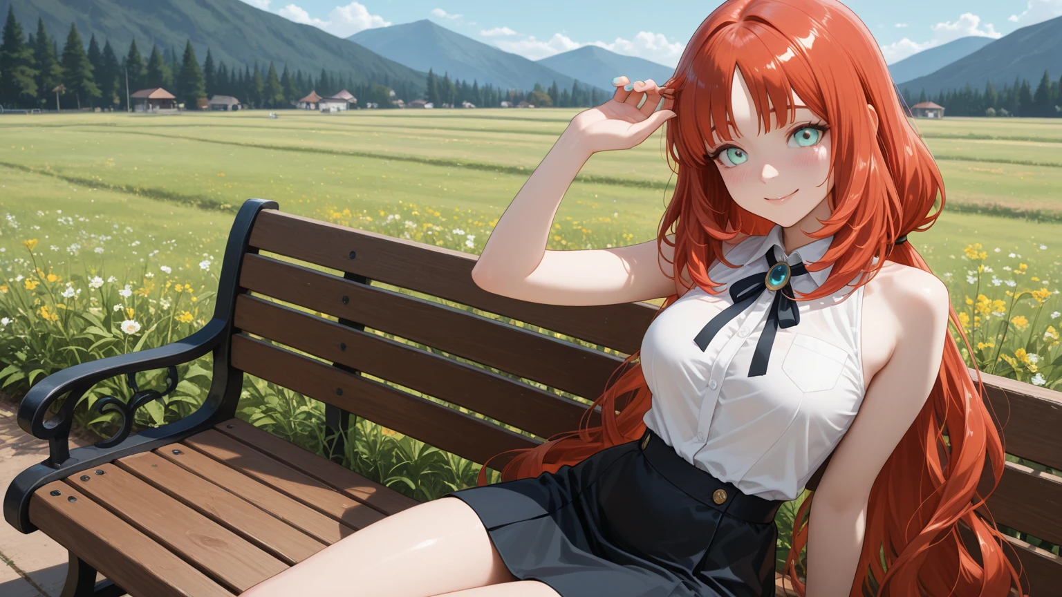 1girl, summer, village, trees, sun, clouds, ((colorful hair)), ponytail, large breasts, button down, blue eyes, ((red, white and green shirt)), ((unbuttoned shirt)), unbuttoning buttons, ((short sleeved shirt)), black mini skirt, brown shoes, grin, looking at the viewer, standing, red, white and green hair ribbon, ((golden necklate))