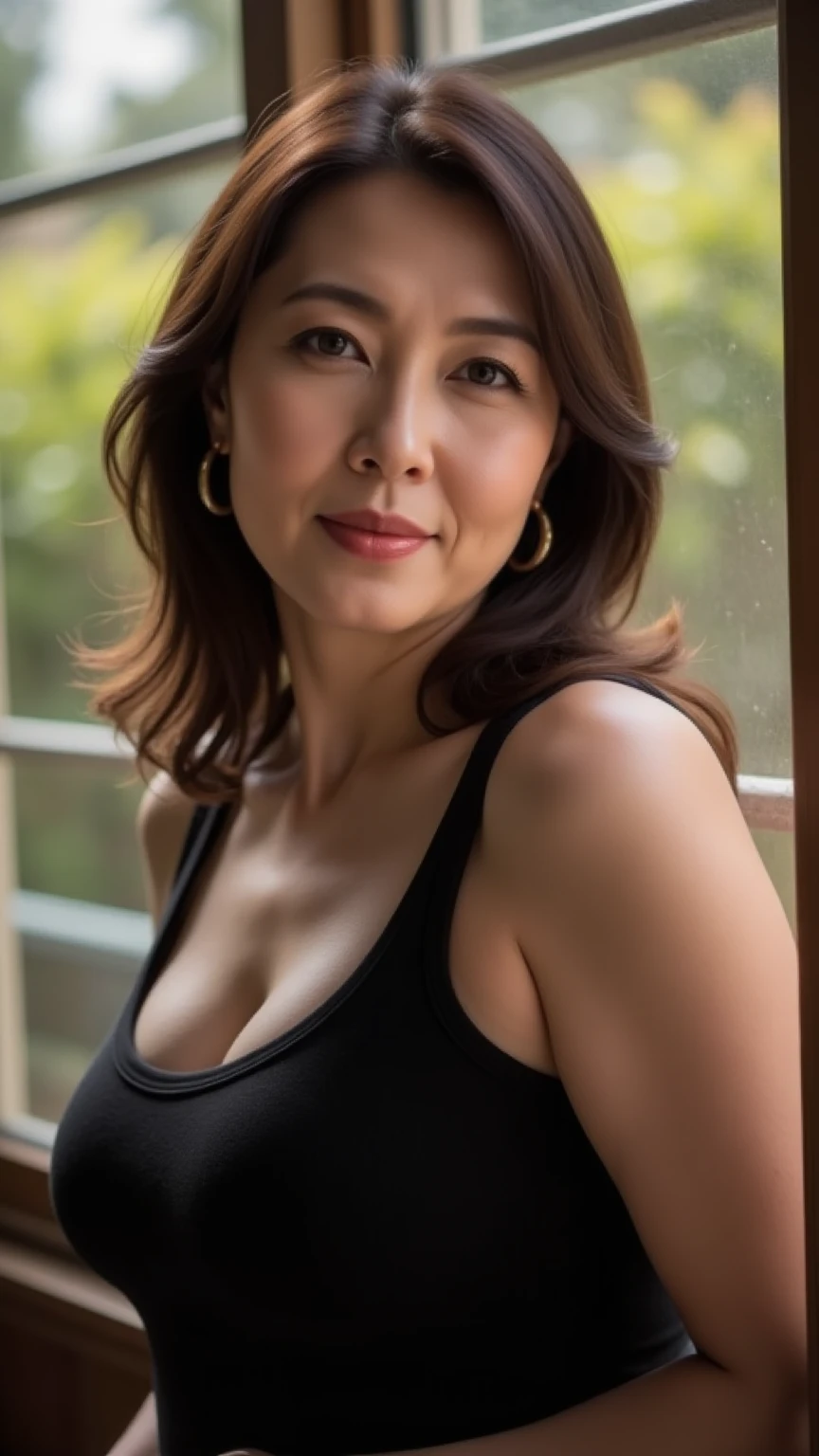 ((best quality,8K,master piece:1.3)), Realistic, sharp focus, high quality, khd, solo, Japan, middle-aged women, Beautiful woman, Visible clothes, 47 years old, plum, wavy curly hair, wrinkles around the eyes, sensual figure, light makeup, 32 inch chest size, slight smile, big skeleton,((Transparent slip bodysuit with skin-tight gray pattern)),((Visible vaginal fissure:1.2))、standing in front of the park at night, panoramic lens, hyper hd,cocked ass,black lenth stockings、((Backwards and on all fours))