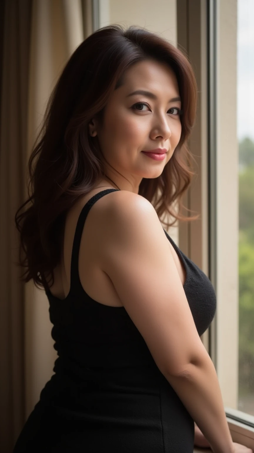 masterpiece,best quality, (one milf), ((portrait:1.5)), ((look down, looking at the viewer)), makeup,a bit chubby, elegant black underwear, wavy hair, ((seduction expression, smile:0.3)),