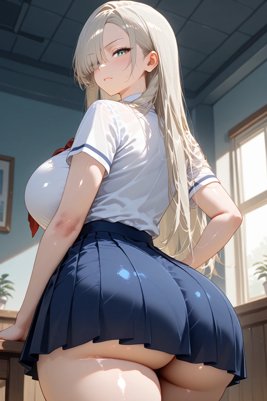 (masterpiece:1.2、highest quality、Tmasterpiece)、1 female、alone、classroom、Day、stand、whole body、Beauty、blonde、ponytail、blue eyes、(Sailor suit:1.4)、(Dark Skin:1.4)、Blake、Big Breasts、Big Butt、Long sleeve、corset、Earrings、lipstick、(pantyhose:1.2)、mini skirt、Very sweaty、choker、blush、Covered breasts、Bangs braids、(Thick lips:1.2)、((pov hands grabbing girl’s ass:1.4))