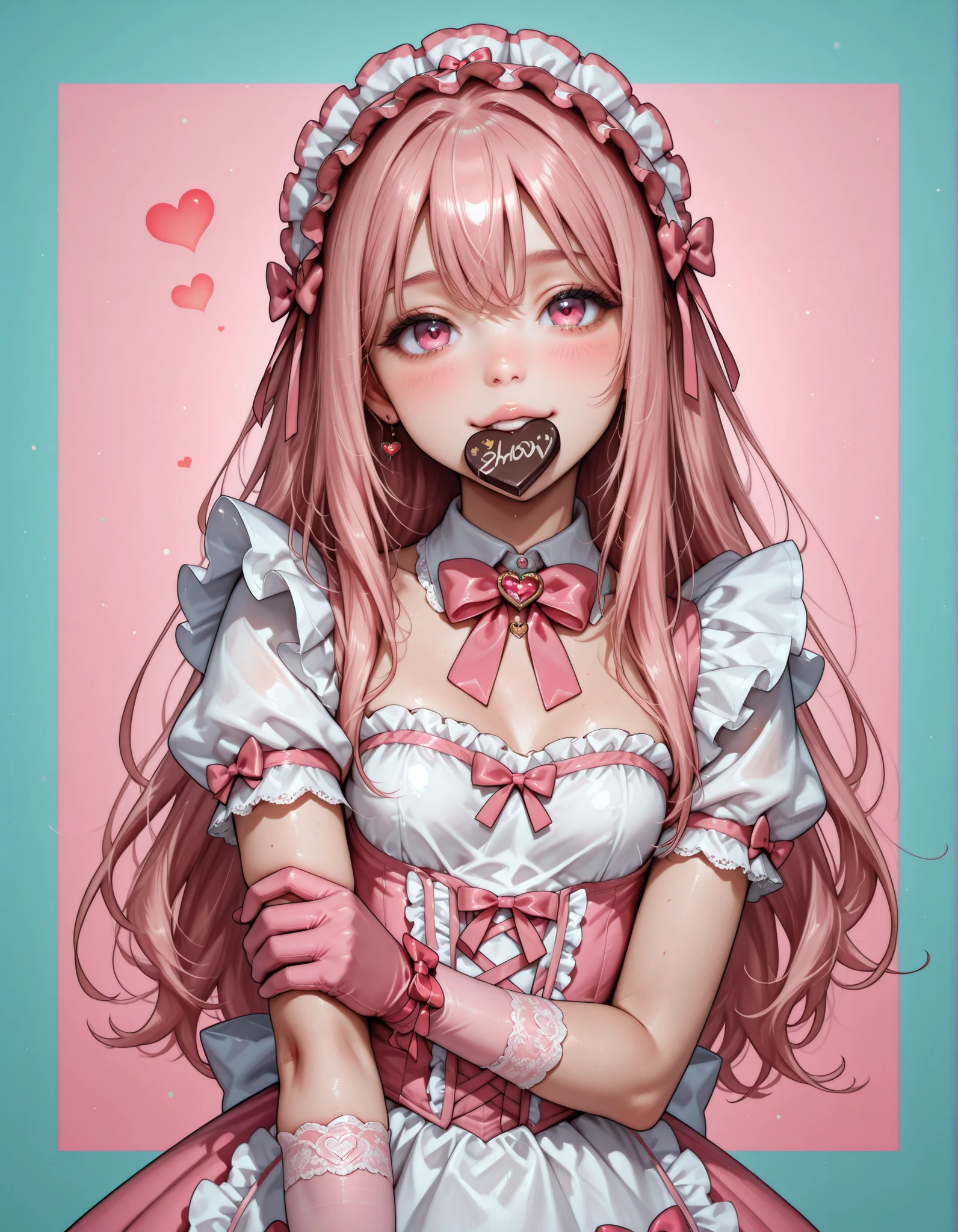 cute maid,mini maid dress that looks like strawberry milk, ash gold hair, Big pink bow tie,pink long lace lolita gloves,I'm looking at this,tilt your neck slightly and smile,(((Show the viewers a heart-shaped chocolate by holding out your arm to the viewers)))