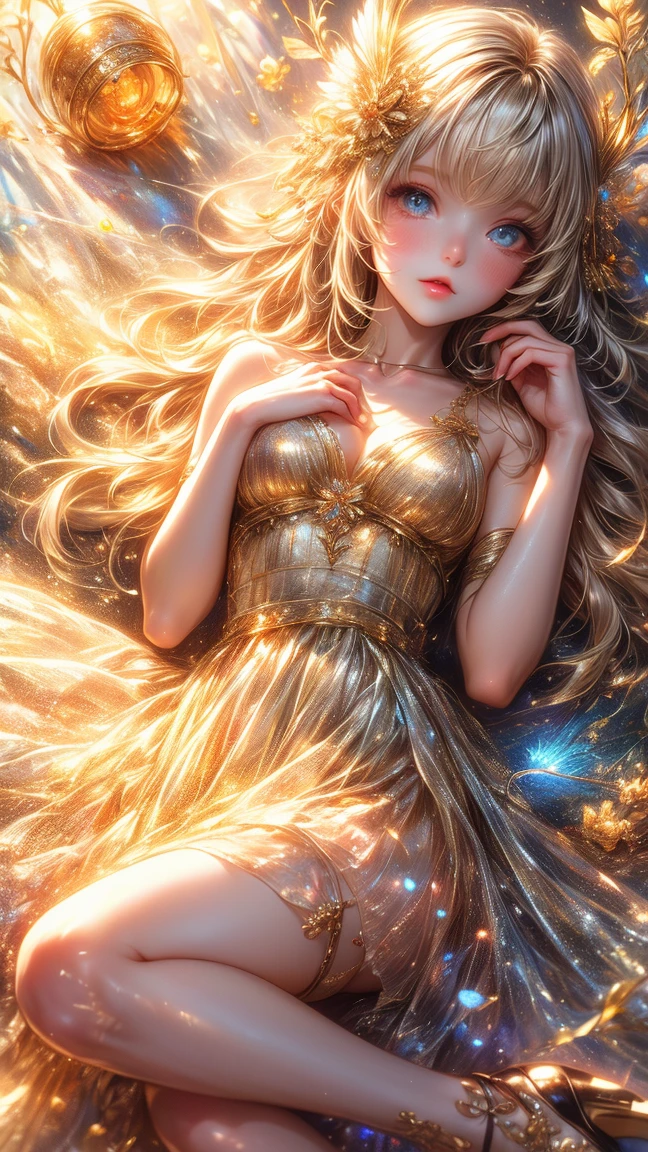 Full shot body photo, illustration, cinematic light, fantasy, highest quality, best quality, masterpiece, (face fine), tall and sexy gold coin dress, sparkling sandy beach, floating embers, golden hair jewelry, golden light reflecting the sun's rays, (focus on body: 1.25), clear blue sky, desert and sea background, long curly hair, golden eyes release of magical energy , Dark Reflection, Light Reflection --s2
