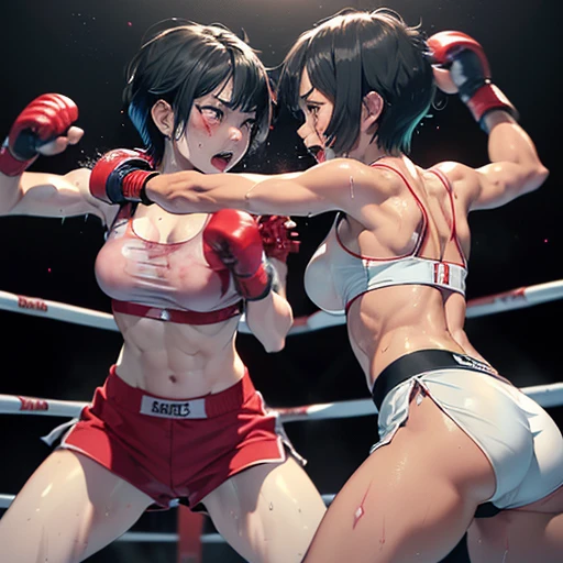 Very intense battle。Boxing in the ring。Dynamic punch exchange。Two young and cute Japanese female heavyweight idol boxers in a daze。Rivals。Sweating a lot。One eye closed, out of breath。Drooling。Short black hair。Boxing gloves。Sports Bra。High leg panties。