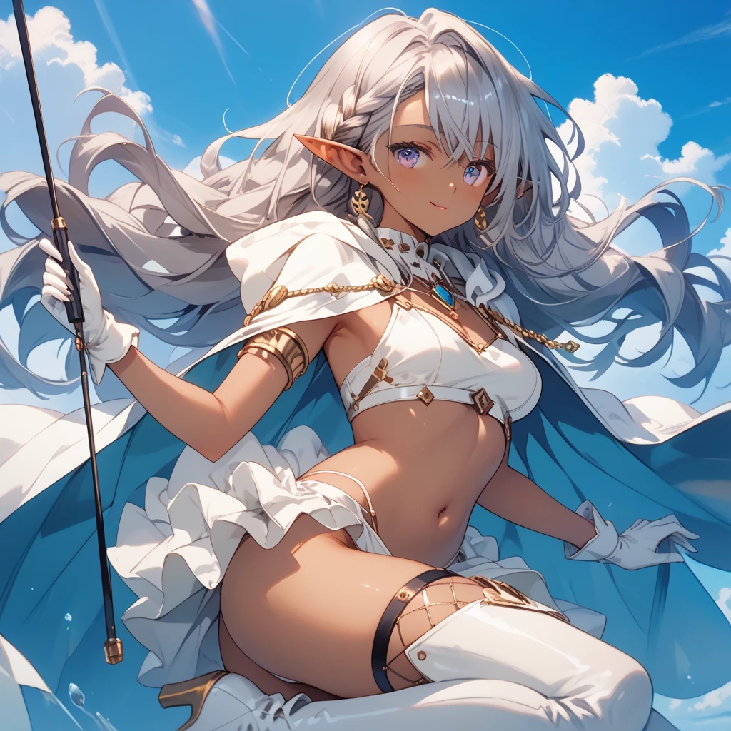 Bondama silver hair noble long hair Raking up hair Vtuber wearing a hood brown skin blue eyes eyes like diamonds fluffy White Bikini Armor smile cute dark skin tied hair