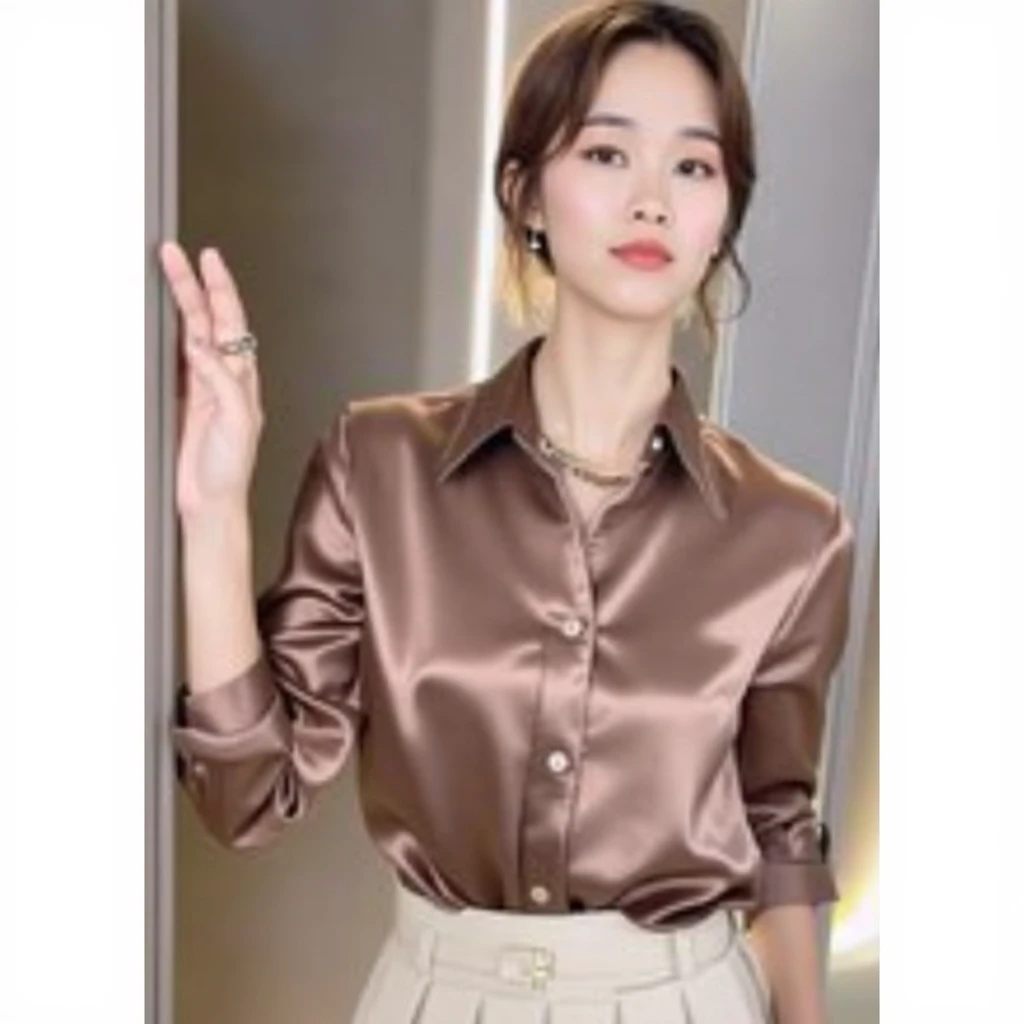 (Raw photo:1.2), (Photorealsitic), Beautiful detailed, (Real: 1.4), ighly detailedな目と顔, beatiful detailed eyes, Standing in the office、(Ultra-realistic pantyhose、high-heels)、huge filesize, hight resolution, ighly detailed, top-quality, [​masterpiece:1.6], illustratio, ighly detailed, nffsw, finely detail, top-quality, 8k wallpaper, 1 milf, 43 yeas old, perfect body type, Cute sagging eyes,Beautiful big eyes、Pieckfinger, ((masutepiece)), Best Quality, 1 milf, eye shadow, Portrait, ((FULL BODYSHOT:1.4))((Brown-colored super long hair:1.2))((Loose and wavy hair:1.3))((Gold Necklace＿large earring:1.3))Bewitching beautiful mature elite secretary in luxurious silk blouse、Wearing a satin blouse, ultra-thin fabric、smooth、See-through fabric、Standing gracefully、fullbody shot、((full figure supermodel standing, entire body in frame))Pleated skirt with many checked folds、No expression、A slightly melancholy look