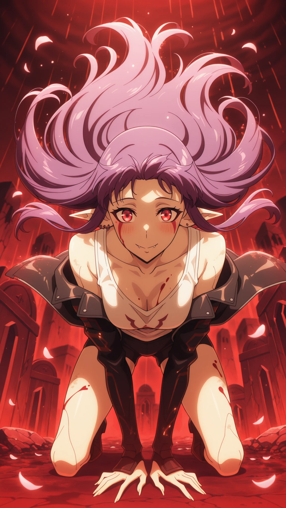 BREAK (masterpiece:1.2), best quality, high resolution, unity 8k wallpaper, (illustration:0.8), (beautiful detailed eyes:1.6),Futuristic cemetery where holographic tombstones flicker under acid rain, augmented mourners in LED-kimonos kneel before AI shrines,Neon cherry blossom petals dissolve into static as they touch the ground, while the ghosts of deleted avatars flicker between mausoleum servers,Esil Radiru, earrings, pointy ears, purple hair, red eyes, fangs, facial mark,black leather jacket,white short t-shirt,naval,cleavage,collarbone, bare shoulder,tight shorts,floating hair,blush, seductive expression,piercing,chocker,looking at viewer,blood on face,blood on body,smile,sitting on groud,sitting on knees,bent over,from below,red light,dark aura,