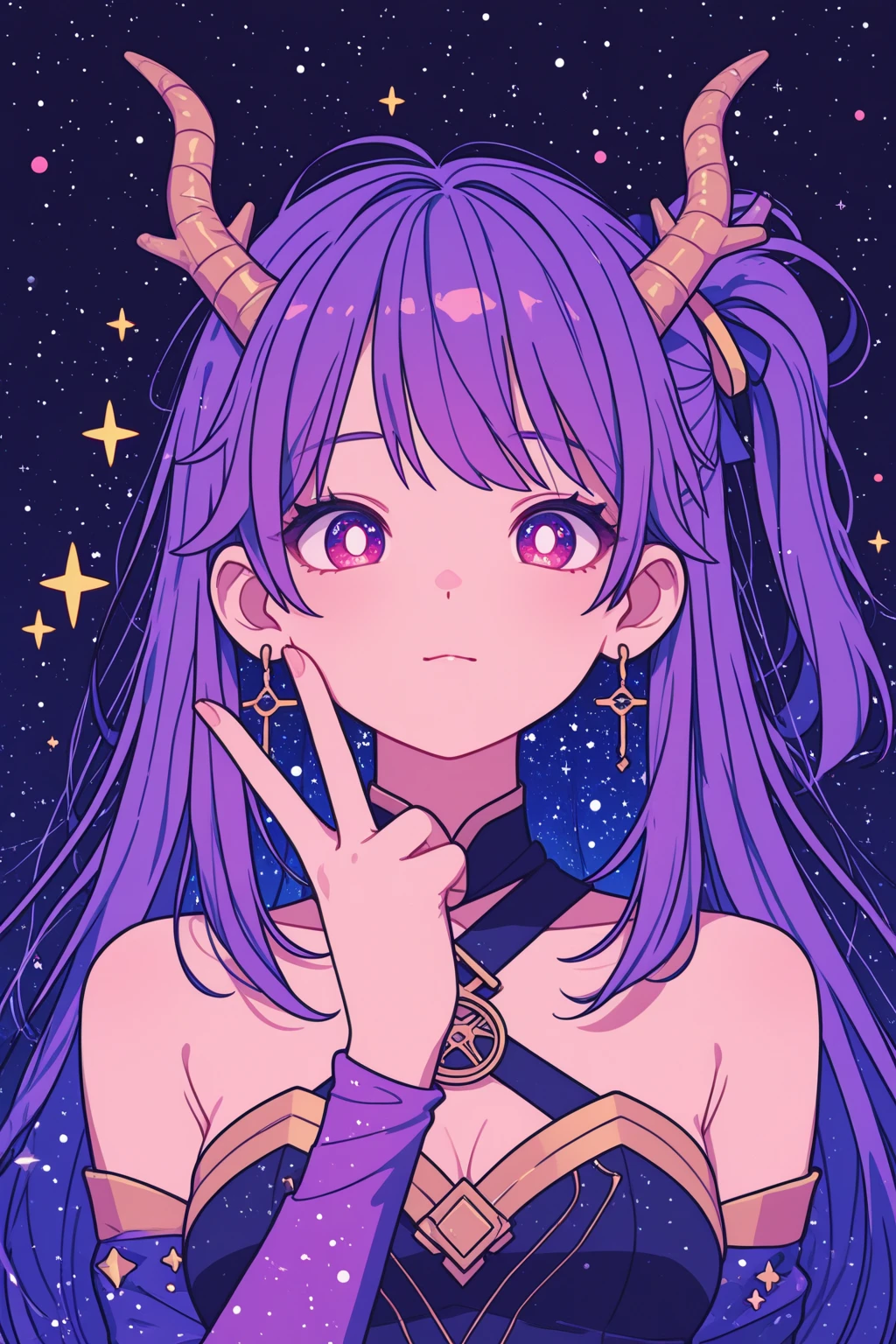 best quality, (masterpiece),(ultra-detailed), (high quality), (high resolution),<lora:add_detail:0.7> ,  <lora:Emberlith2:0.7>,emberlith, long hair, hair ornament, purple hair, multicolored hair, star (symbol), purple eyes, gradient hair, horns, heterochromia, pointy ears, braid, pink hair,blue hair, white shirt,