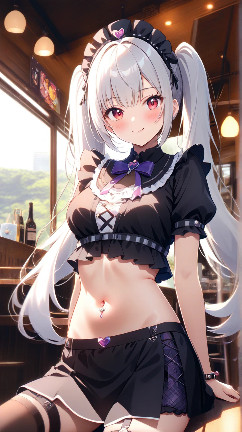 1girl, masterpiece, high resolution, extremely detailed, realistic, white hair, twintail, shiny hair, bright green eyes, cute face, sparkle eyes, (medium breasts), (long legs:1.2), (wide hips), (small waist), at bar, in tavern, early evening, black jacket, white skirt, torn skirt, ((nipples)), headphone, blush, embarrassed, breast view, thighs thighs, cheeky grin, stare at audience, black panties, full body,
