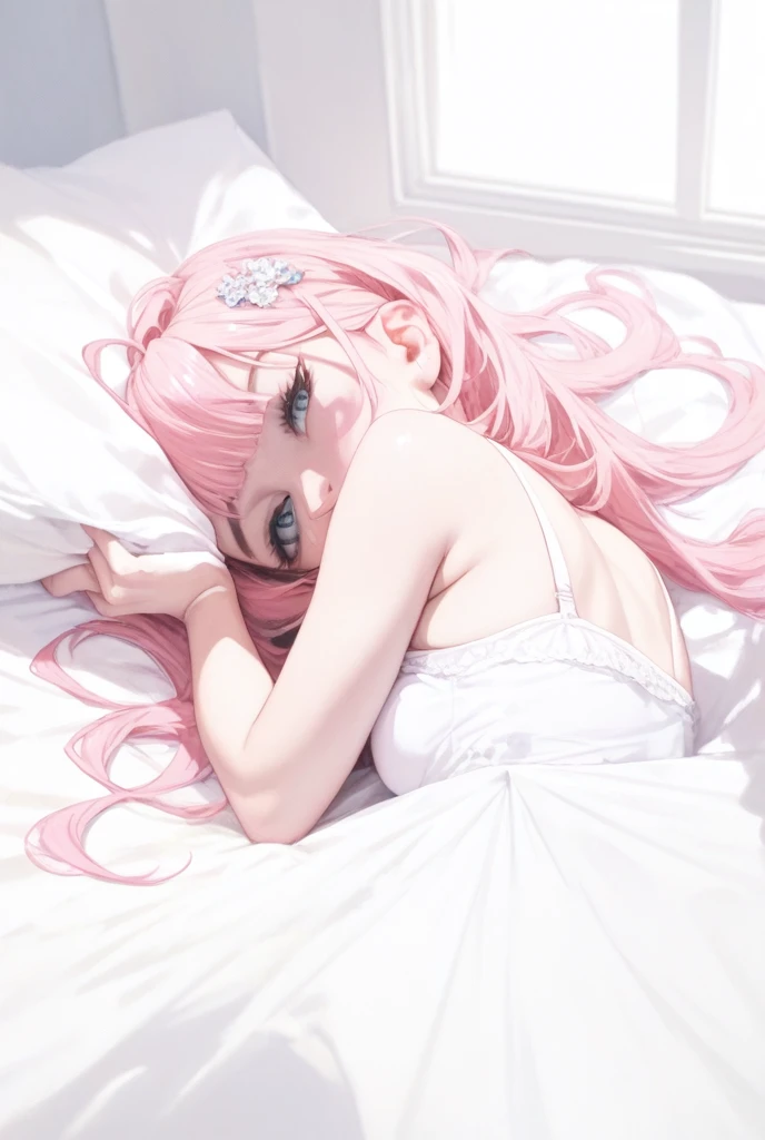 Cm /mr, /ad, 9:16, (masterpiece), forward body, depth map style, ((vector art)), a student beautiful girl, sleep and laying back at bed, strapless, ((open a little eyes)), underwear short skir, ahego, dark pink bob hair, push hands up over haed, (((with one's arms folded))), ((ahego)),