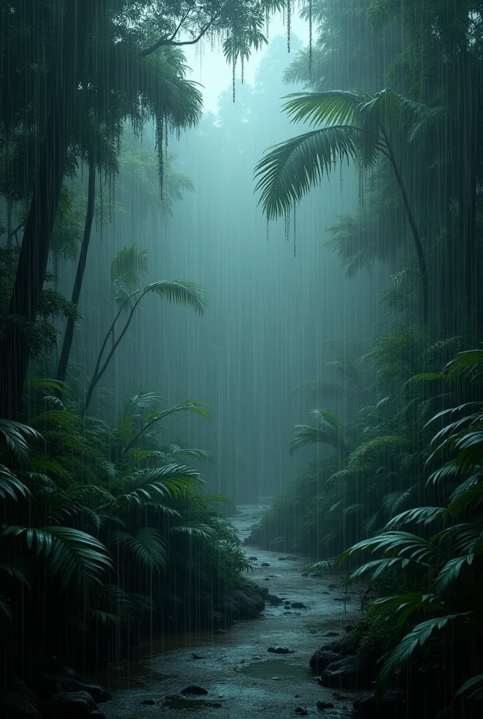 Professional photography, realistic, dense jungle, heavy rainfall, monochrome, vines everywhere, huge and wet trees, masterpiece, best quality, high quality, very detailed CG uniform 8k wallpaper, oil painting, award winning photography, bokeh, depth of field, HDR, bloom, chromatic aberration, realism, very detailed, intricate, high detail, dramatic, midjourney art, volumetric lighting