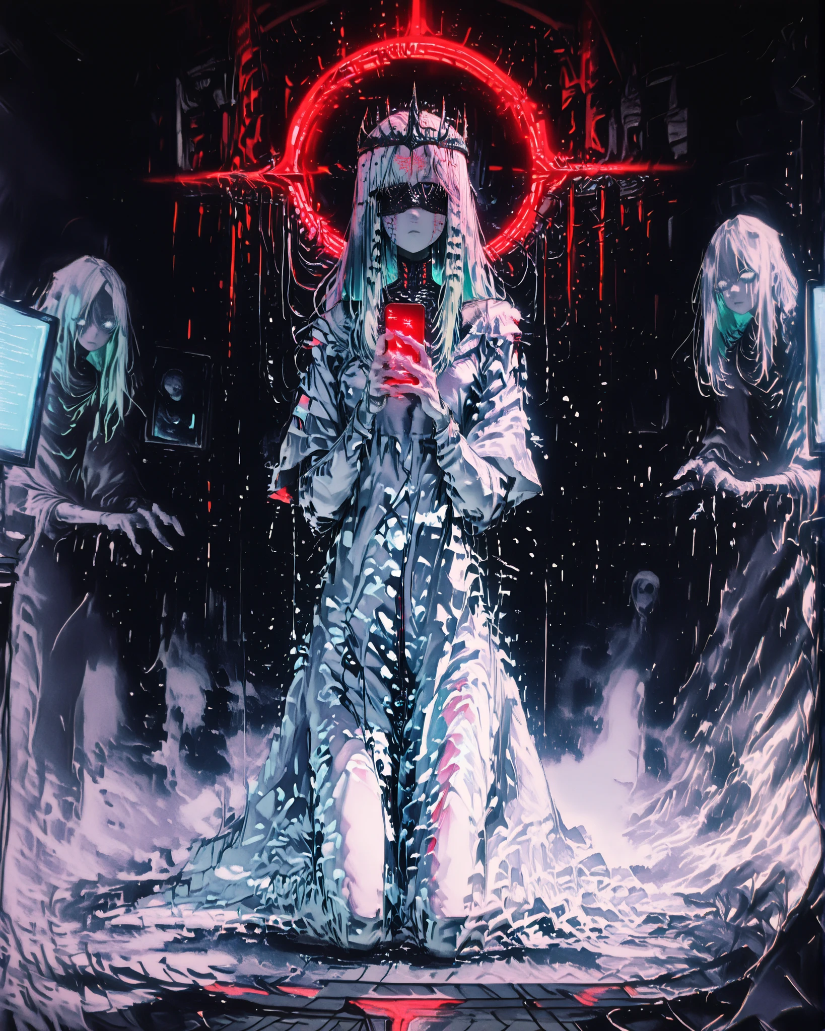  Masterpiece, ultra detailed, cinematic lighting, 4K resolution, cyberpunk aesthetic, surreal digital temple. A tall cybernetic priestess stands at the center, her body pale and ethereal. Her long hair is made of braided USB and data cables, flowing like wires in zero gravity. She wears a flowing dress made of glowing computer monitors and smartphone screens, all flickering with static, digital interference, and glitch effects. Her arms are thin, elongated, and ghostly white, with translucent circuits under the skin. A crown of metallic thorns floats horizontally across her face at eye level, like a cybernetic blindfold, glowing faintly. Around her, a group of human devotees kneel in reverence, holding smartphones raised as if in prayer, bathed in cold digital light. Their faces are illuminated by the screens, emotionless yet devout, worshipping her like a digital saint. The background is a massive techno-cathedral, filled with wires, neon halos, and digital glyphs. The atmosphere is mystical, eerie, and reverent — a futuristic cult of technology. 