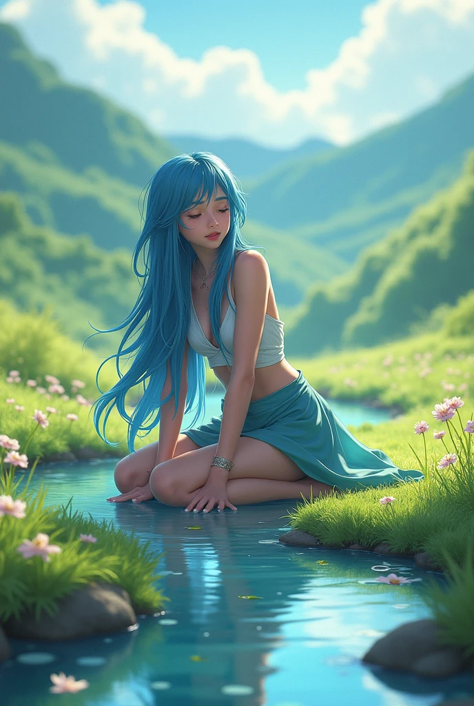 Iara, serene and beautiful character, anime style, scene, comic, manga, anime, water waves hair, water hair, water lady, bikini, Nilou Genshin Impact, Genshin Impact, Sitting on a rock in the middle of the ocean, her hair mixes with water, water hair, hair shaped like water waves, hair in the shape of a splash of water, smiling, sexy, cute, big chest, transparent plastic coat, waterfall in background, forest, water hair