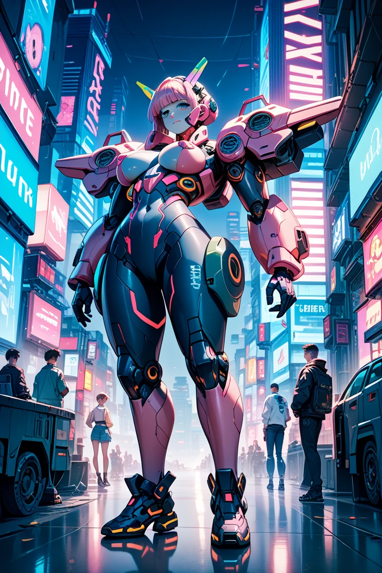 digital painting, atompunk, 1girl, woman, scifi, galactic gothic,far future,crystalcore, bunny girl, full body, wearing cosmic peach outfit, giant robot<lora:EnvyAtompunkXL01:0.25>