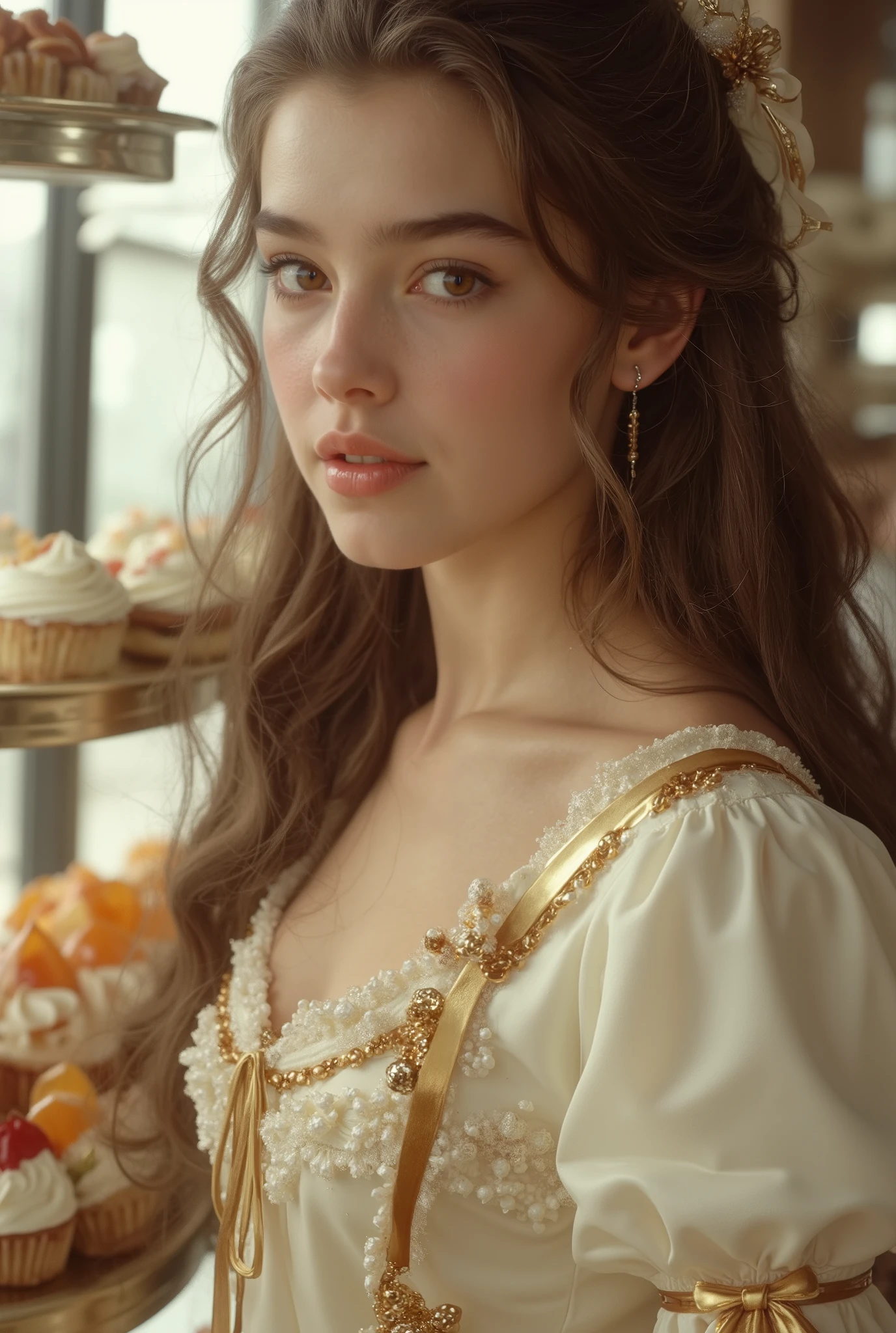 A hyper-realistic, full-body portrait of a young woman whose body is made of elegant desserts and confectionery, her skin resembling silky white chocolate, strands of her hair formed from delicate spun sugar and caramel ribbons, her dress sculpted from layered mille-feuille and glazed fruit tart, ornge lips like orange jelly, eyes reflecting the sparkle of sugar crystals, fingers tipped with chocolate-dipped nails, detailed texture of sweets blending organically with human anatomy, softly lit fantasy patisserie background, realistic lighting, 35mm photography, cinematic composition, concept art