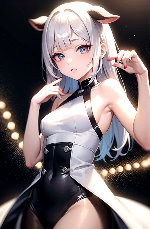 masterpiece, best quality, ultra-high-detailed, virgin killer sweater, backless outfit,  kazami kazuki, silver hair, long hair, purple eyes
