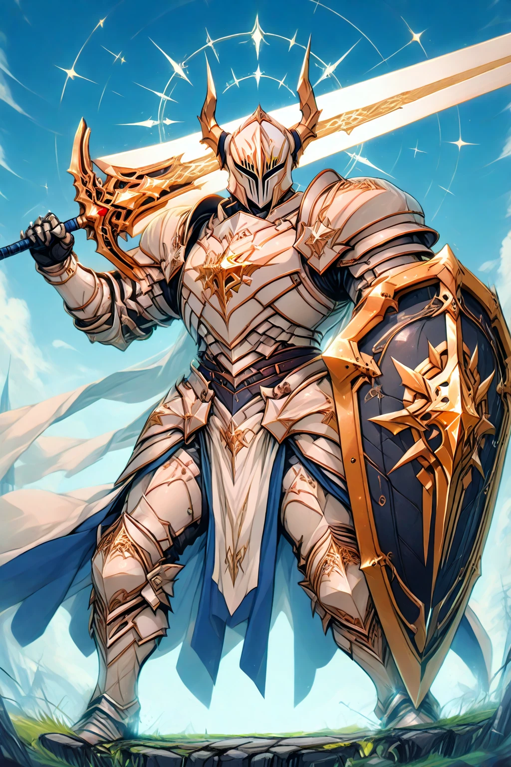 Blonde man in silver armor [riding on a white unicorn], [holding a knight's spear], holding a shield in his right hand, his sight was blown up by the wind, fantasy paladin, heavy white and gold armor, white armor, picture of male paladin, detailed white armor, male paladin, wearing light armor, complex white and gold armor, modern clean white armor, fantasy knight, golden paladin, portrait of a paladin, morning sun, there are white angels flying in the sky
