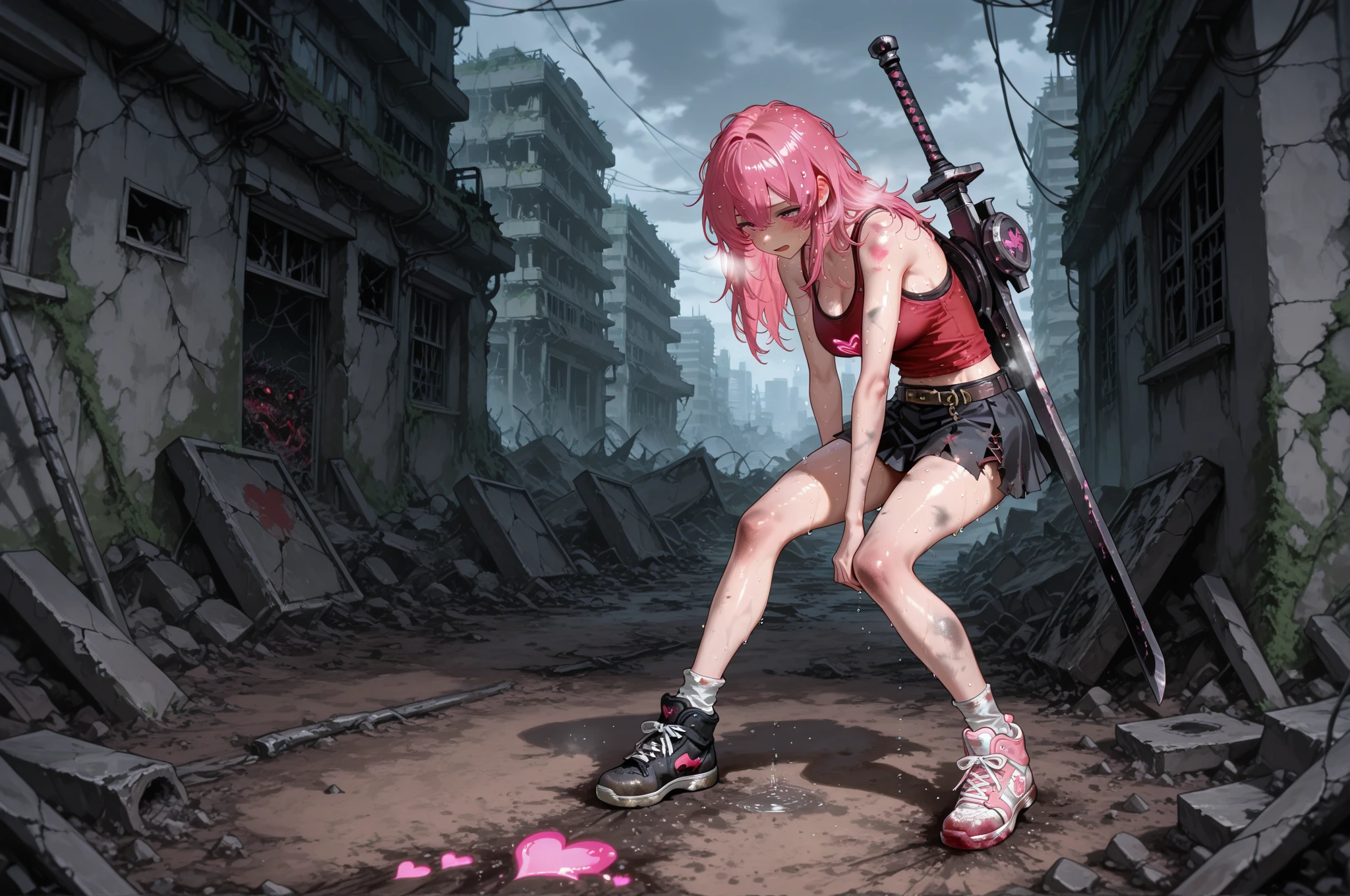 cruel、Holding a chainsaw、Bloody、Girl with pink hair、blue eyes、Twin Drill、A scene from a movie