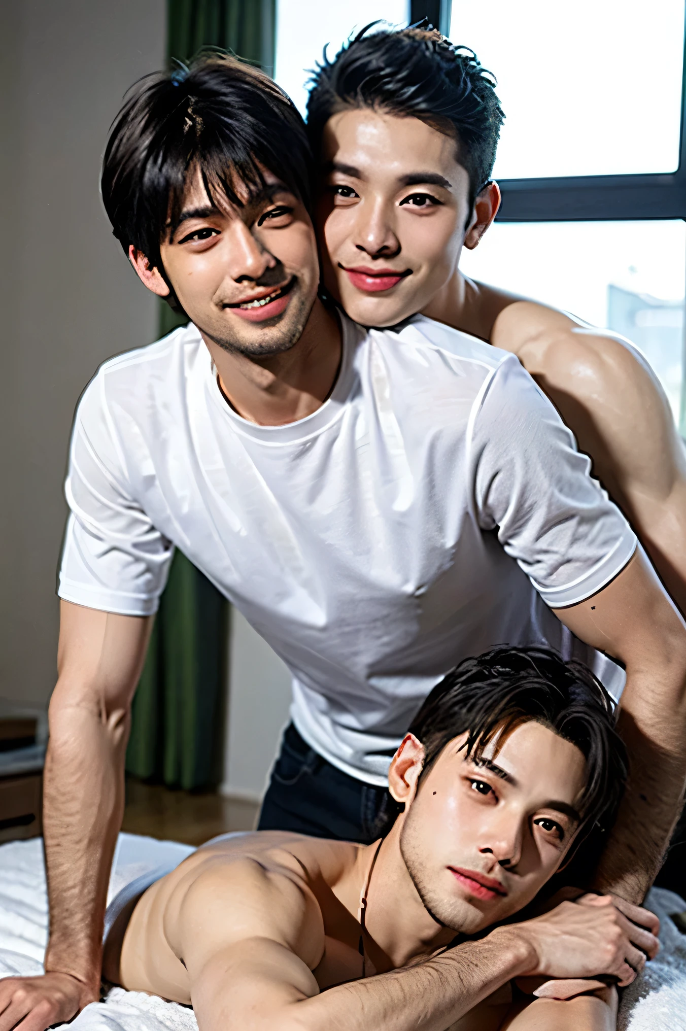 (gangbang) brunette short hair, around man gropping him , diverse faces, smirk, thong, plain_background, logo, (bare thighs ) , sexy , NSFW , eroticism , (only male) , handsome Korean men, ((only boys)) , ((only men)) , erection