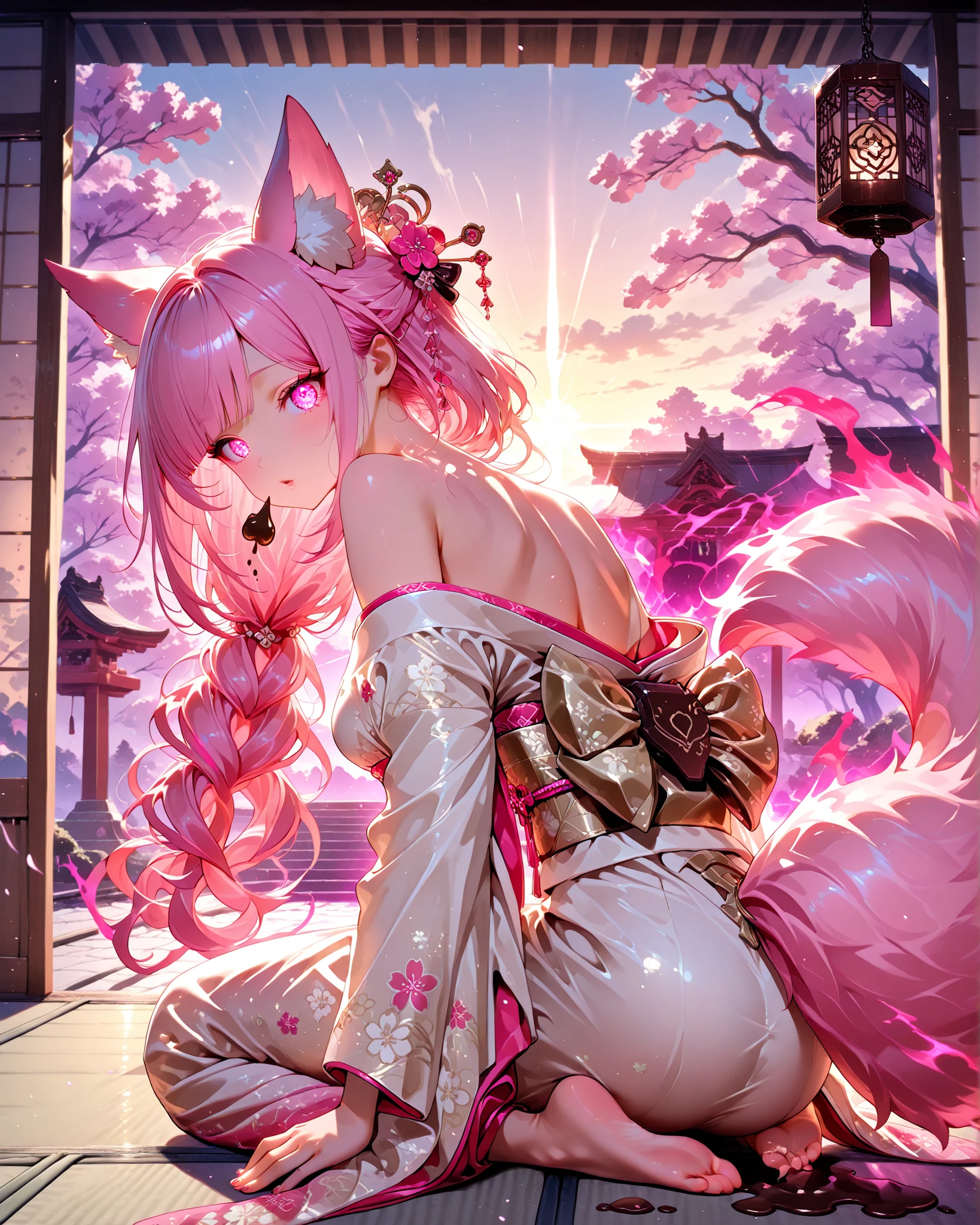 Masterpiece, 4K, ultra-detailed illustration, cinematic lighting, anime-style. A beautiful girl with sensual curves sits gracefully on her knees in a peaceful, sunlit Japanese courtyard — like a serene garden near a traditional temple. She wears an elegant white kimono with pink floral accents, the fabric flowing softly around her. Her long, silky pink hair cascades down her shoulders and back, with matching fluffy fox ears and a long pink tail.
Her pink eyes gaze seductively toward the viewer, while her lips are smeared with melted chocolate. In one delicate hand, she holds a partially eaten chocolate cookie shaped like a tiny man — the cookie has a terrified expression, one limb already bitten off. Below her, a small cage is filled with similar cookie-men, all animated, panicking and pressed against the bars, eyes wide in fear.
The mood is deceptively sweet: soft lighting, cherry blossoms drifting in the breeze, birdsong implied in the warmth — but the girl's playful yet dangerous aura twists the scene. High detail on textures: glowing eyes, silky kimono, soft fur, and glossy chocolate. Soft shadow and warm tones with hidden horror. A perfect blend of cute and cruel, like a modern yokai or candy kitsune. Concept art style, elegant but mischievous atmosphere.