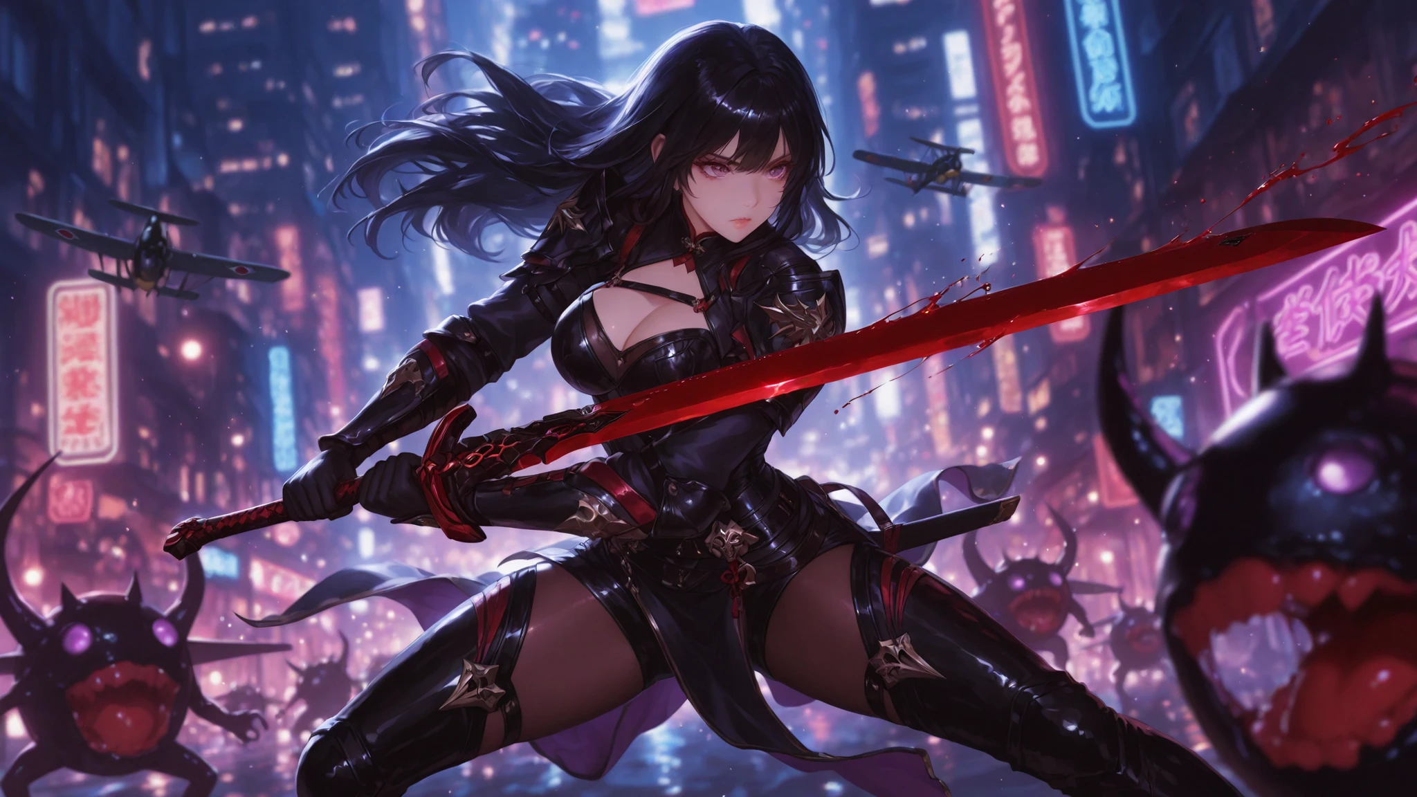 hightquality,A Japanese style,cyberpunked,Ninja wearing a white dress and holding a sword, Kimono,A double-edged sword,Black High Socks,Mesh fabric at chest,Geta,Purple skirt,high-heels,white longhair,Luxurious hair ornaments,bow ribbon,Bewitching,A slight smil,sexy lip,Snow flutters,delicated face,Rooftop at night