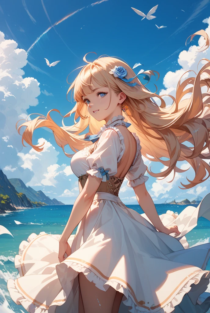 fantasy, (upper body:1.2), (from below:1.3), 191971 dress, backless dress, (long dress:1.2), very long hair, breasts, bare shoulders, sky, ocean, water, looking at viewer, italian, head tilt, wind, cloud, sunlight, outdoor, 1girl, solo, BREAK,
