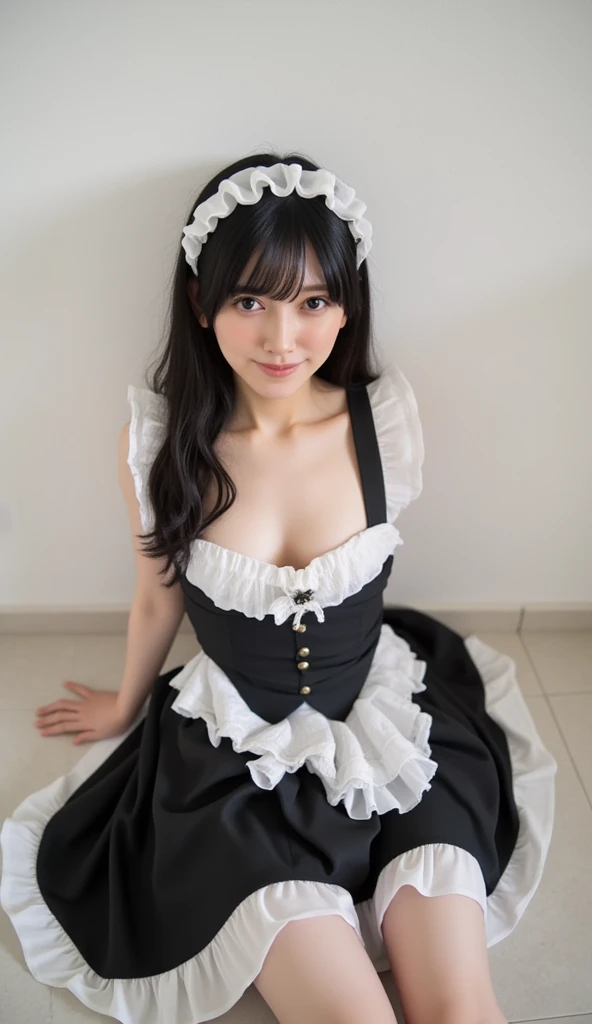 Complete anatomy,Cowboy Shot,1 Ultimate Beautiful Girl, Fine grain, double eyelid, Lips Detail, A light smile , ((Maid clothes,mini skirt, Garter Stockings)), ((chest)), Short brunette hair, Thighs Thighs Thighs, Are standing, (Photorealistic:1.2), (Best image quality), (Ultra-high resolution), 8k, Raw photo, (masterpiece), With background; ((there is a lot of food in the kitchen))