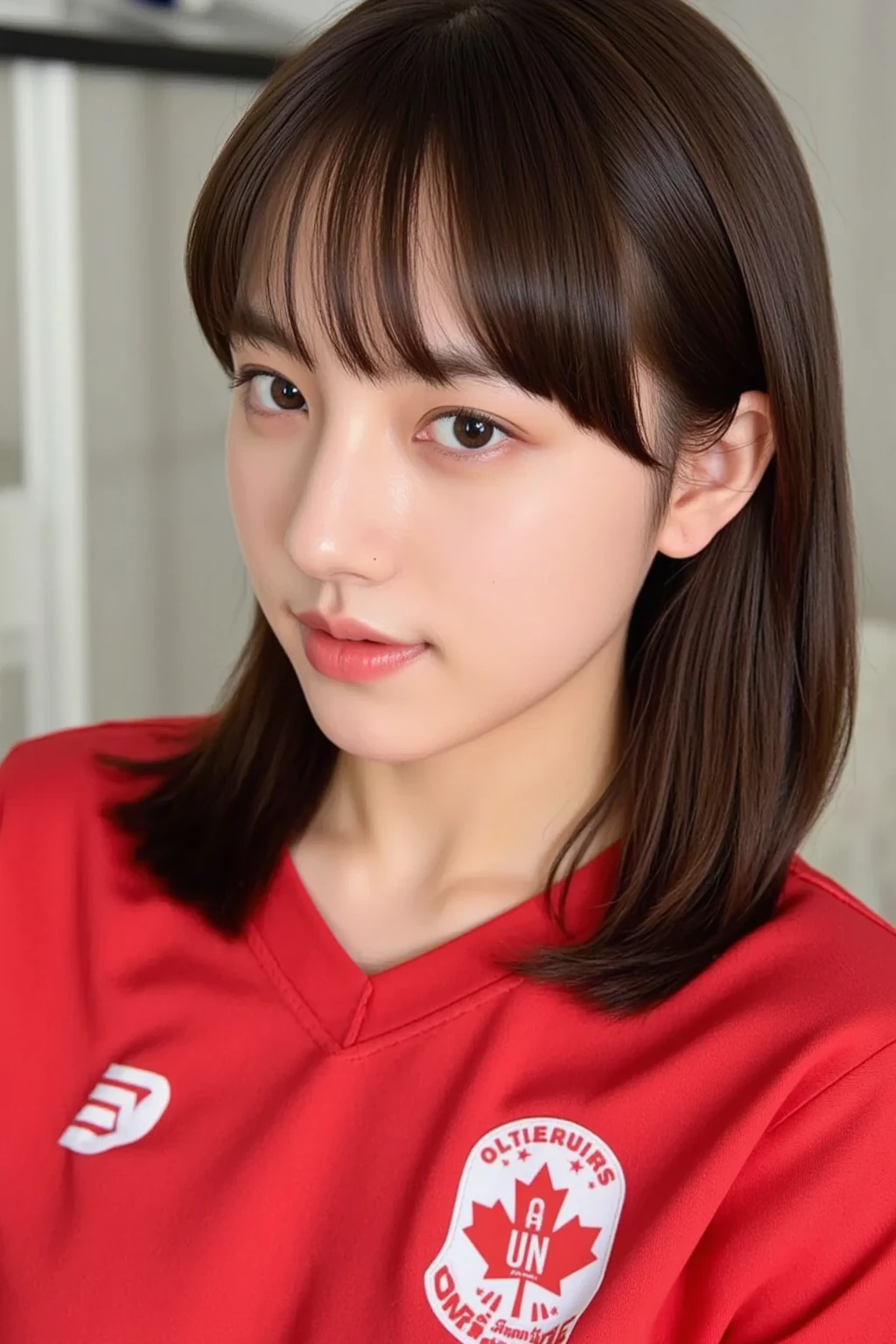 (masterpiece,highest quality,超A high resolution),japanese woman, (((Very beautiful 12 year old girl))), pretty girl、look at the photographer、 ((short hair)), super cute face, glossy lips, double eyelids in both eyes,natural smile、 natural makeup, long eyelashes, Shiny and smooth hair、center image, perfect limbs, perfect anatomy,(((soccer uniform)))、(((turn around and look back)),(wet with sweat),,big ass,stick out your butt