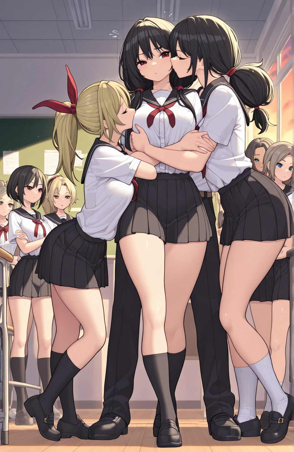 Masterpiece, high quality, 3girls, duo, identical twins, identical sisters, brown hair, curly hair, matching hairstyles, hazel eyes, medium sized bust, (school uniform, sexy school uniform, blazer, lace section, ribbon, rainbow short skirt, white thigh-high socks, black high heels, matching outfits), smile, flat_colour, full body, seductive pose, Duo pose: From the side angle, people&#39;s body curves are beautiful.
hugged from the side