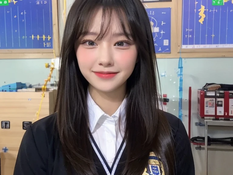 (1 Korean star with royal sister style), ((Best quality, 8K, 巨作: 1.3)), focal point: 1.2, Perfect body proportions: 1.4, (Make a smile), (Ray traching),Watery eyes, Highly Detailed Face and Skin Textur, Fine eyes, Double eyelids, Whitens the skin, (French bangs: 1.3), (face round: 1.5), (JK school uniform: 1.4), (Lace view: 1.6),(Black over-the-knee stockings: 1.4),(J College style:1.4),(Extremely perfect legs),(Decoration on the head:1.3)