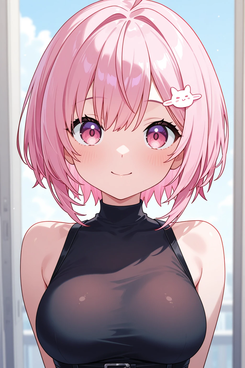 score_9, score_8_up, score_7_up, score_6_up, score_5_up, score_4_up, source anime, perfect anatomy, rating explicit, uncensored, nsfw, front view, absurdity, 1girl, nude, teenager, cute, curvy:1.2, Stocky frame, brown eyes, round eyes, upturned eyes, kneeling, smile, nipples, spread pussy, pussy juice, orange hair ribbon, pink hair, short hair, ponytail, wavy hair, close mouth, simple background, black background, 