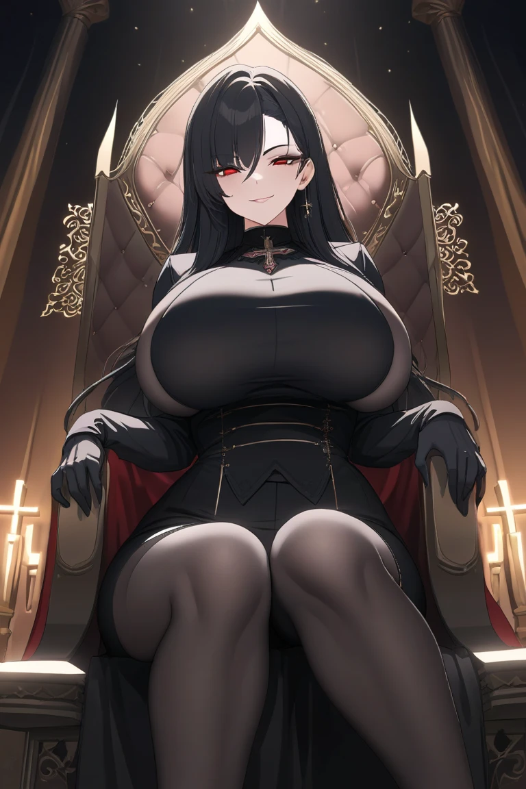 Masterpiece, beautiful details, perfect focus, smooth 8K wallpaper, 4320p, high resolution, exquisite texture in every detail, perfect eyes very high detailed, perfect pupils, sclera eyes detail, eyes:1.2, human anatomy correct, pastel, hyper detailed:1.5, masterpiece, picture perfect:1.4, 8k, UHD, high resolution, very high resolution, masterpiece, best quality, 1girl, solo, short hair, breasts, looking at viewer, blush, smile, bangs, skirt, gigantic_breasts, detailed background, gloves, room background, Room, books, bookshelf, hair between eyes, bare shoulders, jewelry, sitting, short hair, closed mouth, red eyes, black hair, earrings, horns, black gloves, elbow gloves, black skirt, cape, streaked hair, covered navel, skindentation, open legs, legs spread, cross, demon horns, impossible clothes, underbust, black cape, bodystocking, cross laced clothes, iron cross, cross earrings, breast curtains, well drawn and drawn: 0.8, full body,,anime