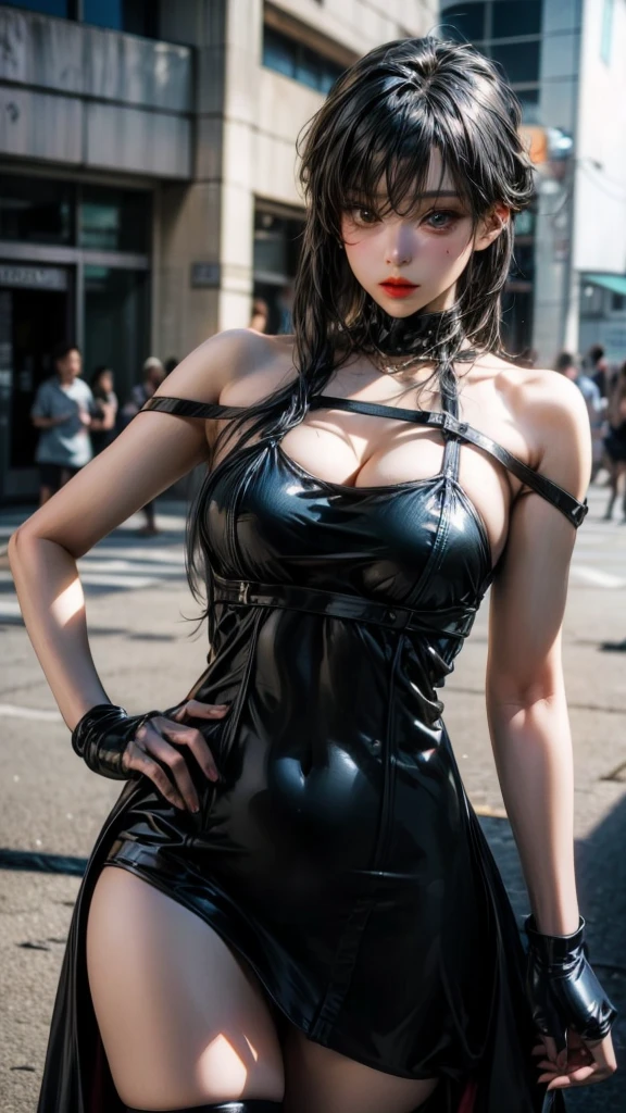 (((Huge one hole in the dress between the legs))), (( you can see the groin))), ((( no panties)))