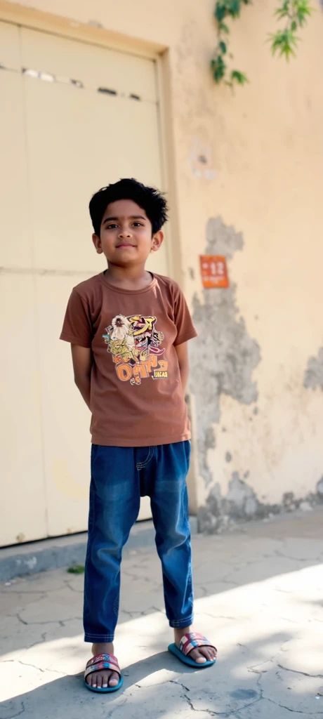 Nepali boy  kid having  light black  hair The side-parted comb-over and eyes and light skin  who looks realistic as possible and human  cute outfit 