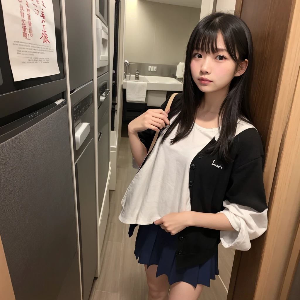 Black hair straight、Embarrassed、Spread your legs、Spread your legs、Plain T-shirt、skirt、underwear