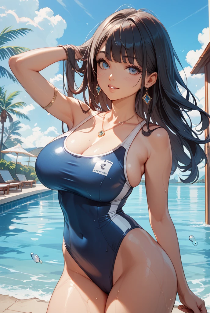 1girl, solo, long hair, looking at viewer, black hair, bandaid on face, yellow eyes, smile, bandaid on nose, bandaid, bangs, breasts, simple background, fang, bare shoulders, scar, bare shoulders, closed mouth, hair over one eye, portrait, hair over shoulder, legs, seductive, bathing suit, 2 piece swimsuit, beach, realistic, highly detailed face, detailed eyes, best quality, masterpiece, ultra detail, ultra high res, extreme detail, 8k, uhd, voluptuous, curvy, thick thighs, milf