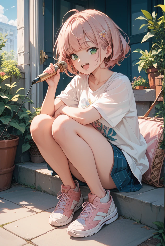 A speaker/pink radio on the beach sand close-up camera with the speaker box highlighted, a pink sword with carnation flower details,