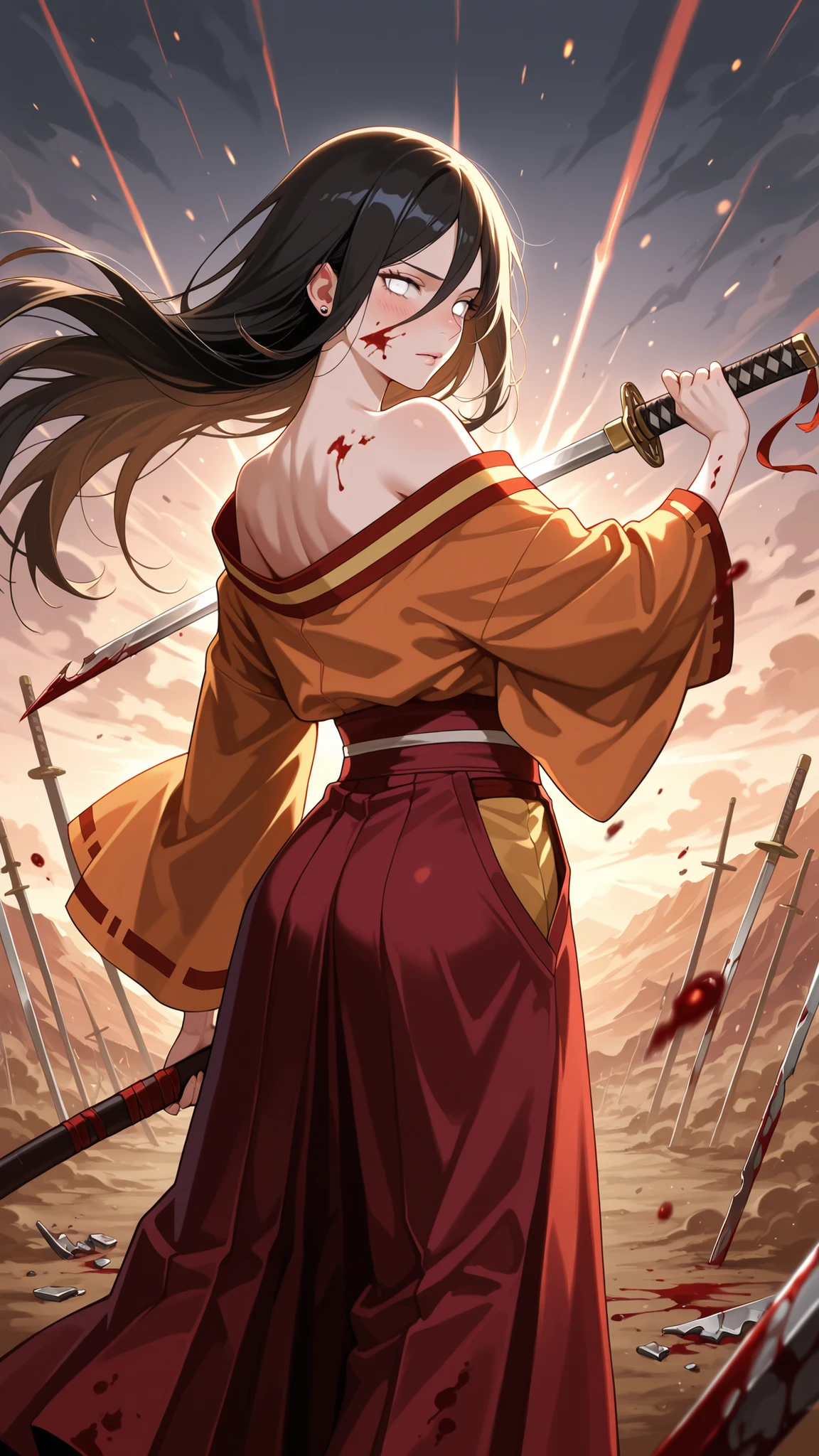 BREAK (masterpiece:1.2), best quality, high resolution, unity 8k wallpaper, (illustration:0.8), (beautiful detailed eyes:1.6),Epic battlefield at dawn, vast war-torn landscape, smoke and fire in the distance, clashing armies with swords and banners, muddy ground with reflections of fire, broken weapons scattered, dramatic sky with rays of light piercing through clouds, cinematic lighting, ultra-realistic, high detail, motion blur, sense of chaos and heroism,floating hair,blush, seductive expression,piercing,chocker,looking at viewer,blood on face,blood on body, hanabi hyuuga, long hair, black hair, hair between eyes, white eyes, no pupils,skirt, long sleeves, japanese clothes, kimono, sandals, hakama, orange kimono, red hakama,cleavege,katana in hand,cowboy shot,bare shoulder,arched back,from behind
