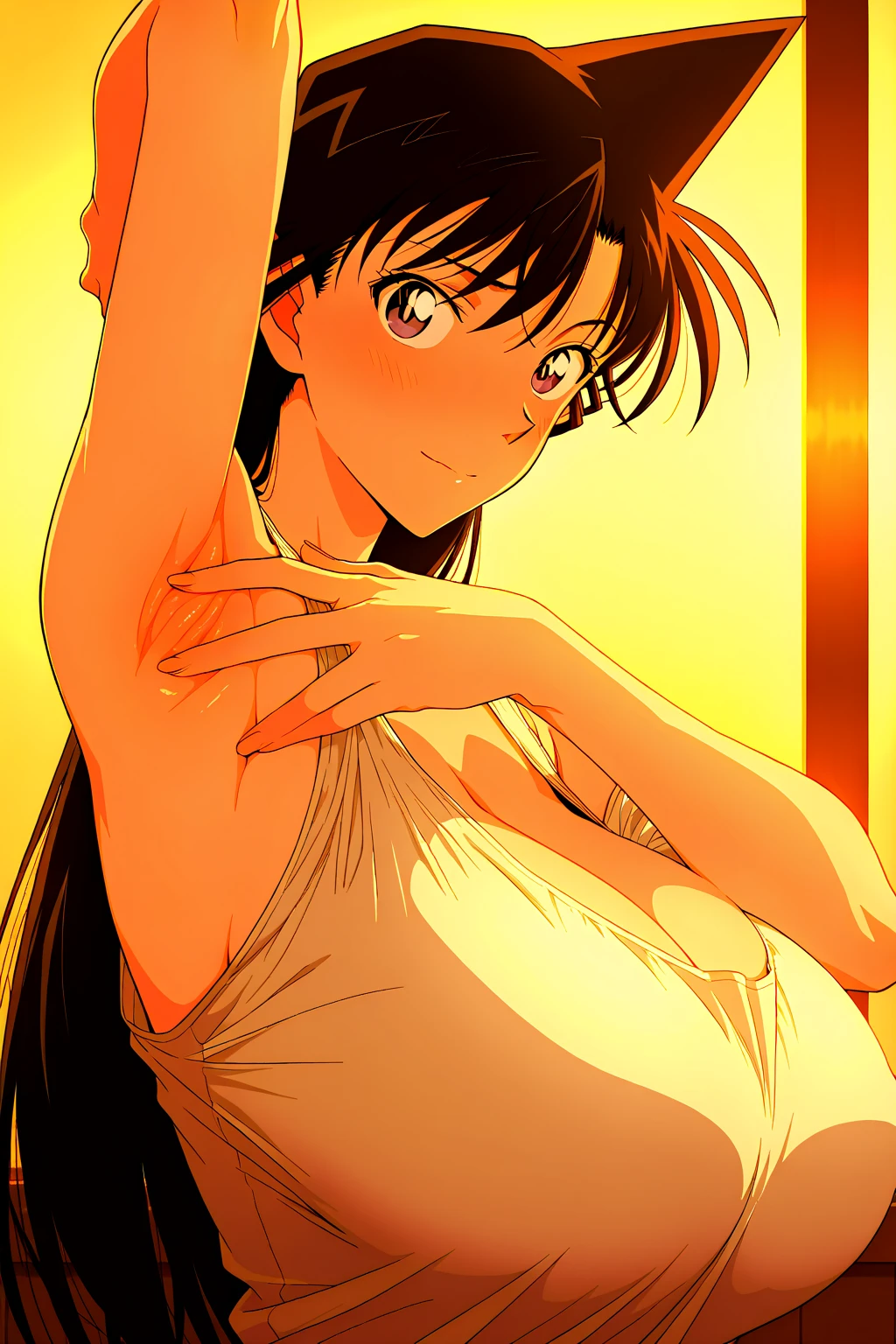 ((best quality)), ((masterpiece)), (detailed), perfect face, brown skin anime woman in a deep V-neck tied top, (bare shoulders), (jeans), (long hair), starving, (resting hands on the stomach), (hands on the stomach), (slim woman), lying down