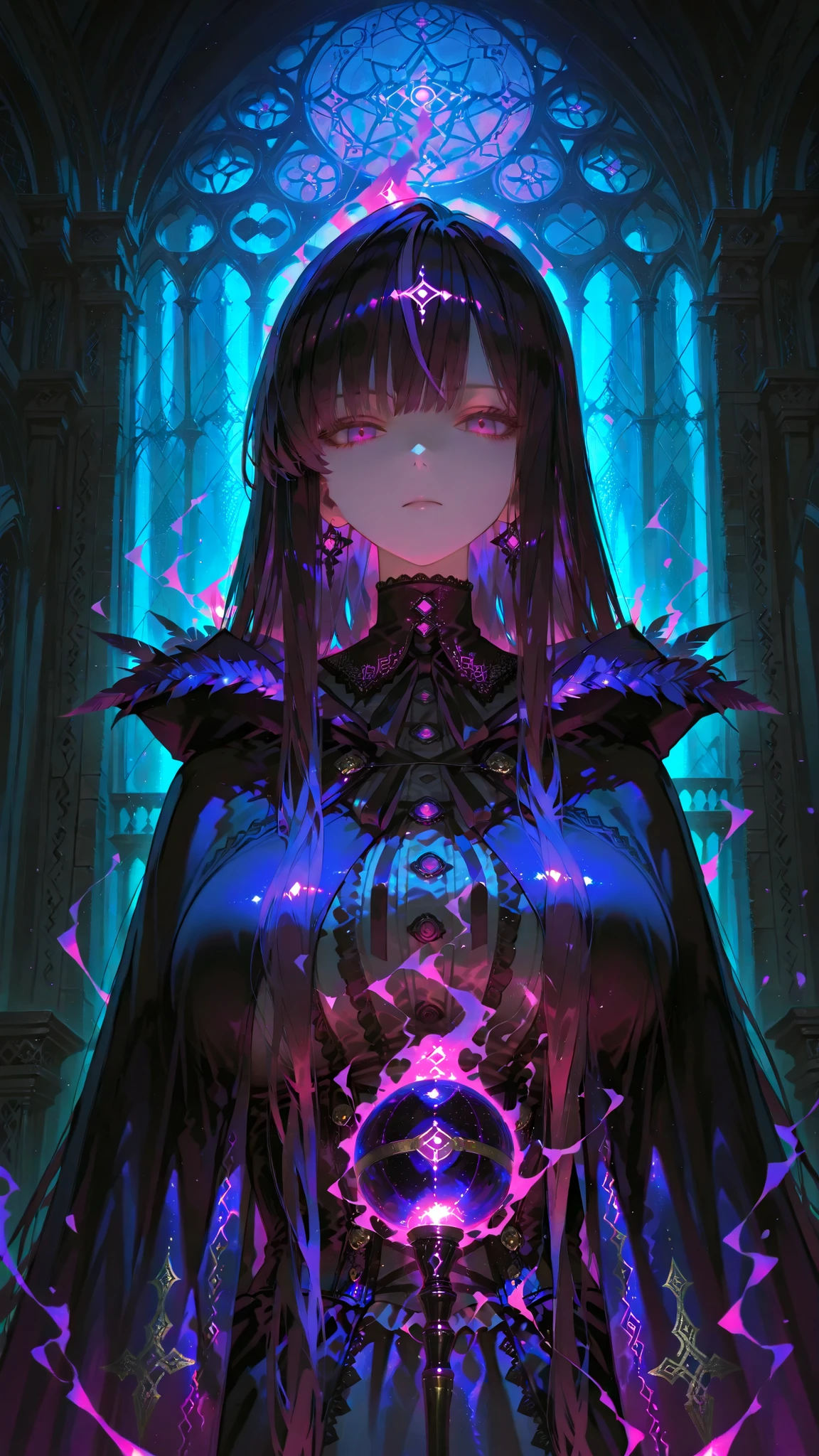 Refined Realistic Style（0.8）, Master Level, EXTREME DETAILS ,professional grade post-treatment,Masterpiece,anime style（1.2）,best quality,high resolution,8K,Portrait， Dark Magic Girl， anime style， long flowing black hair， glowing red or purple eyes，long flowing black hair，with purple highlights，glowing red or purple eyes，wears a frilly gothic dress with lace and ribbons，Turtleneck，Dark feather cape，Magic Wand，The hanging magic ball，Mysterious aura，Standing in a ruined cathedral under the moonlight，dark magical energy circled around her，shining runes and marks in the air， calm and serious expression，Detailed Shadows，dramatic lighting，fantastic dark atmosphere，