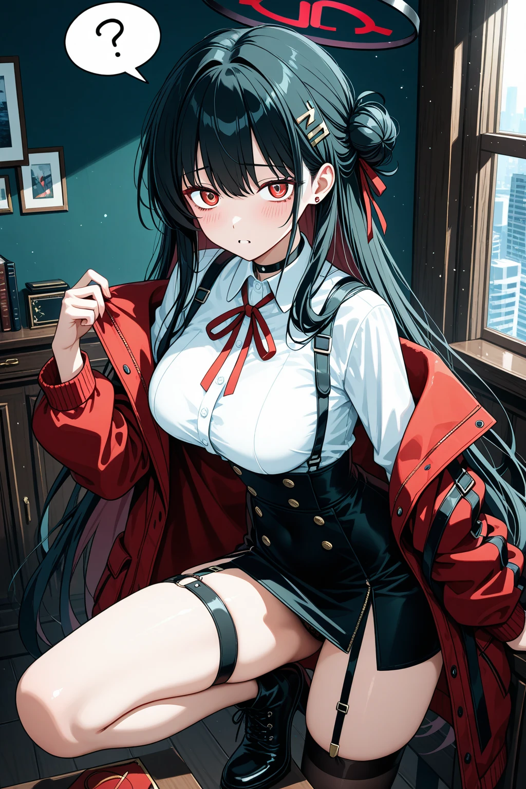 (masterpiece), 1 girl, One, perfect sexy female body, (Sexy and seductive pose:1.3)
BREAK professional photo of a Victorian era library cabinet with bookshelves, full of books., beautiful window, perfect dark wooden floorboards BREAK rin_Tosaka, Tosaka rin, dark hair, long hair, black hair, two sides up, double-tailed, EpfsnRin, perfect lips, свитер BREAK, long sleeves, red sweater BREAK stockings, garter belts, Zettai Ryoiki, (black pleated skirt)
