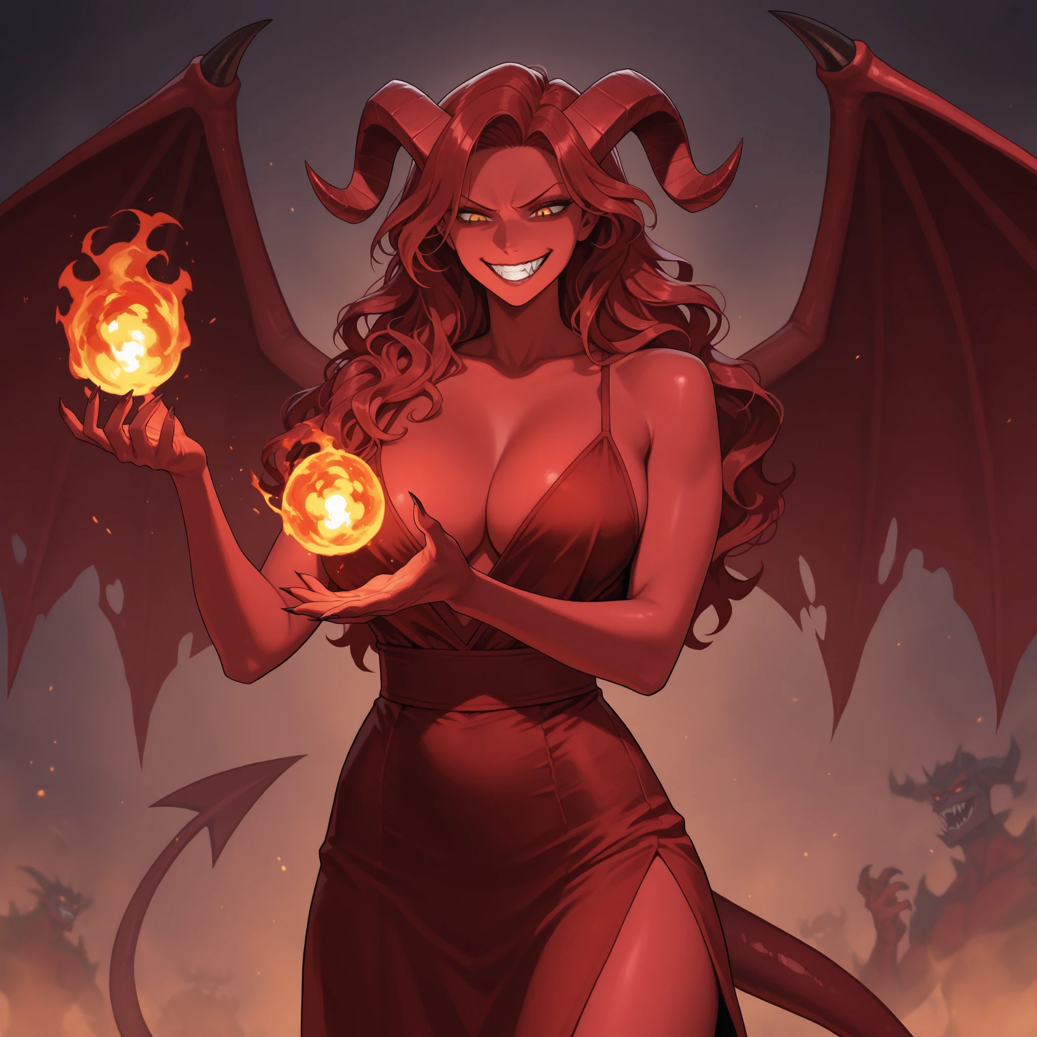(sfw), ((best quality)), ((masterpiece)), ((realistic)), (detailed), cowboy shot, a sexy seductive sultry (horny succubus:1.3), intense eye contact, devious smirk, in the (flames of hell:1.3), (intricate detailed ornate corset skirt:1.4), cleavage, (glowing occult magic background), (giant demon wings:1.4), horror theme, erotic mood, realistic skin texture, by artgerm, (by jim lee), , high quality, 4k, 8k, uhd, sharp focus, absurdres
