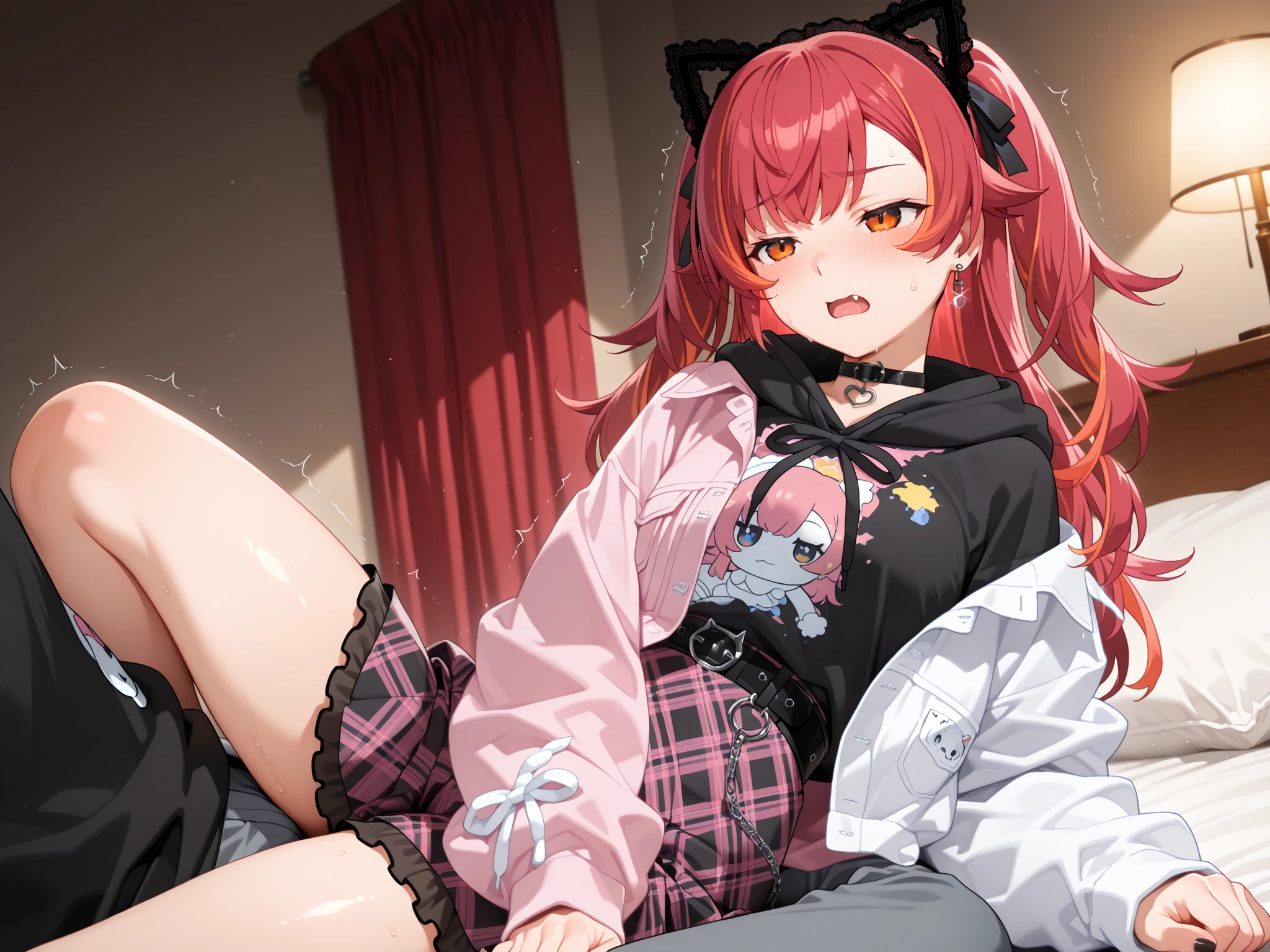 1boy, big sharp cat ears, fluffy cat tail, ruby red eyes, black messy short hair, looking at camera, black striped thigh highs, hoodie, HD, vibrant, masterpiece, best quality