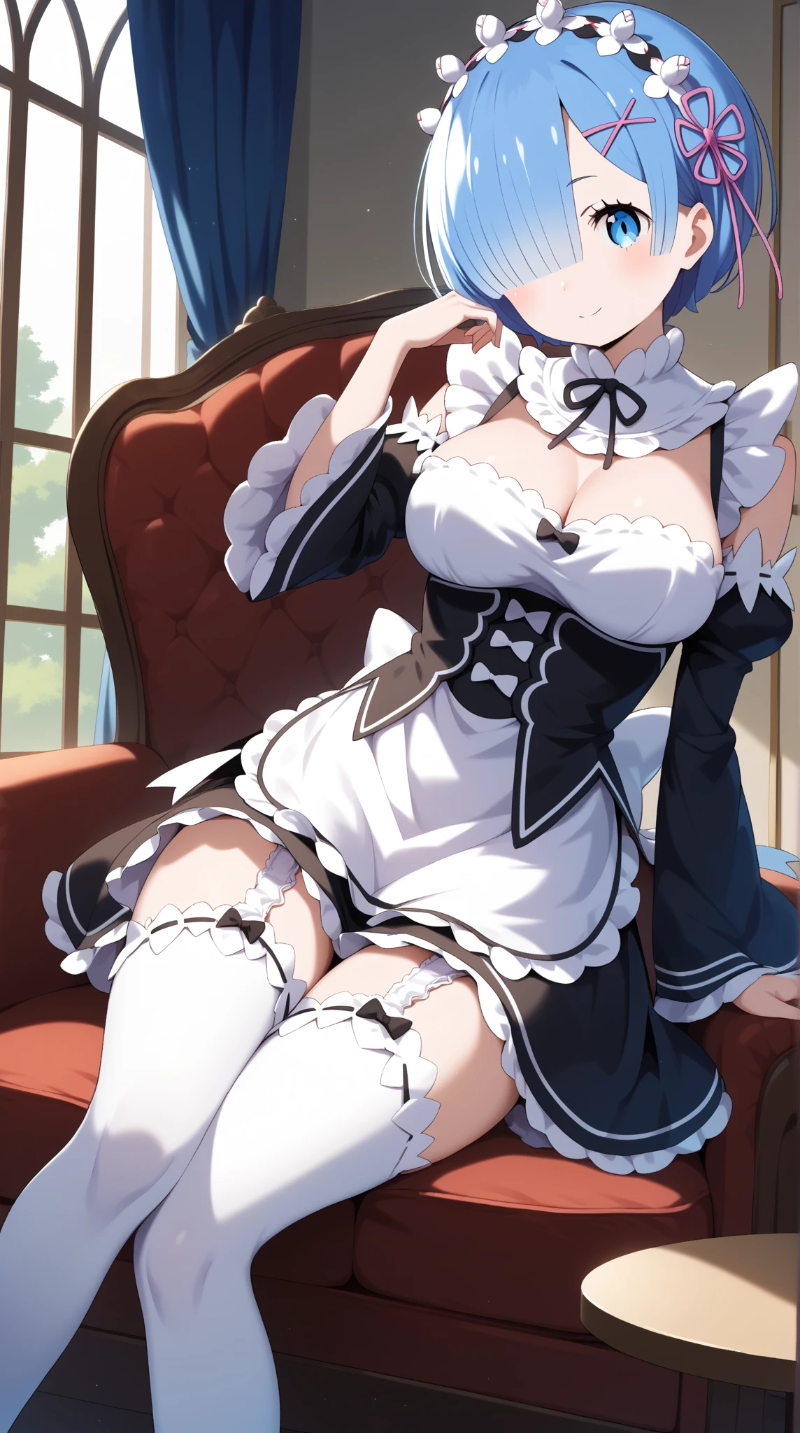 table top High level image quality best image quality 8K adult woman whole body portrait pure white long gloves(elbow gloves) Pure white pantyhose white long dress(slit) white wolf ears short hair((shortcut)(gray hair)(perm)(fluffy)) eye color is blue attractive face((smile)(open your mouth)) sexy pose , crossed legs style in detailed , sitting, labrynth